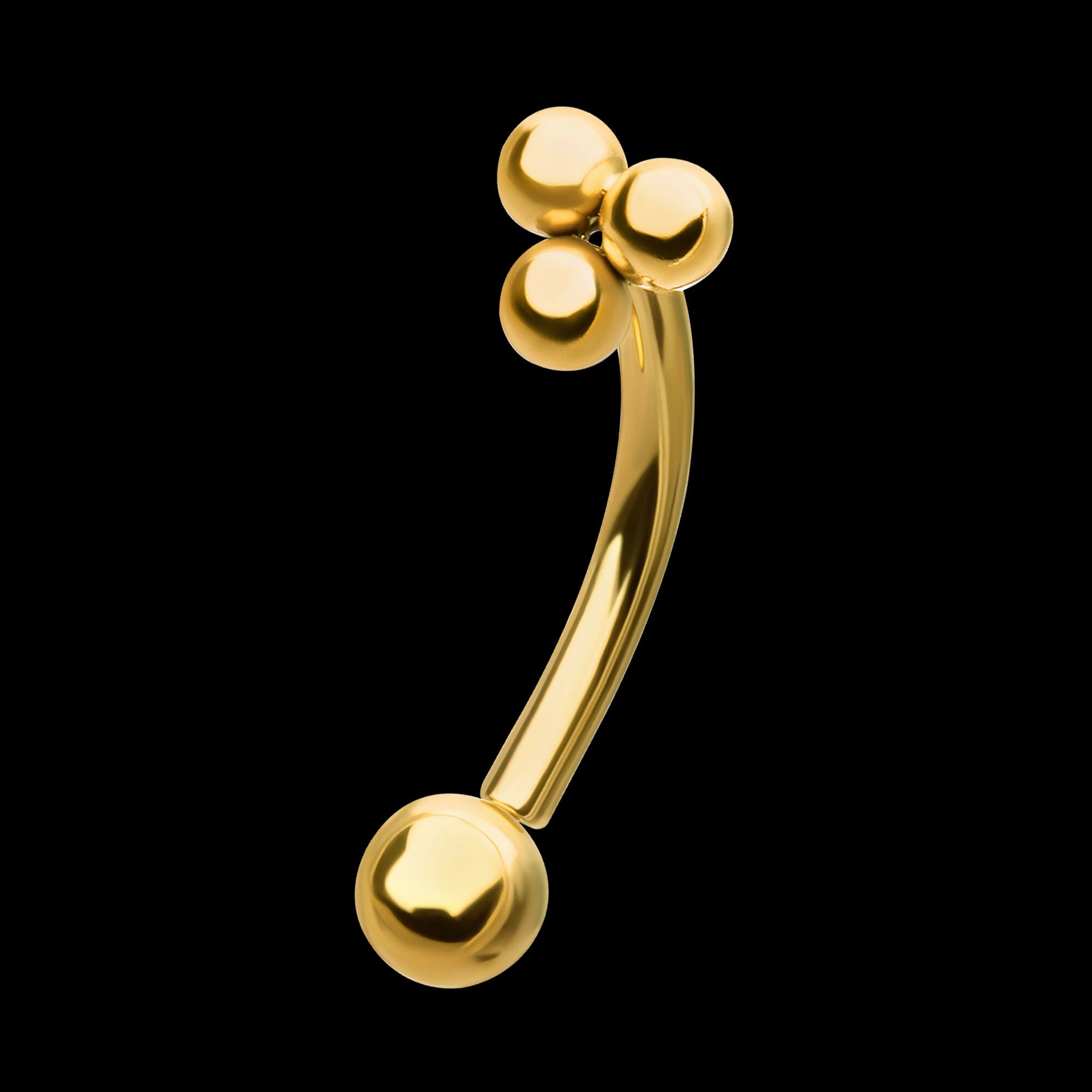 24kt Gold PVD Titanium Tri-Bead Fixed Top with Bottom Curved Barbell Earring / Nosering