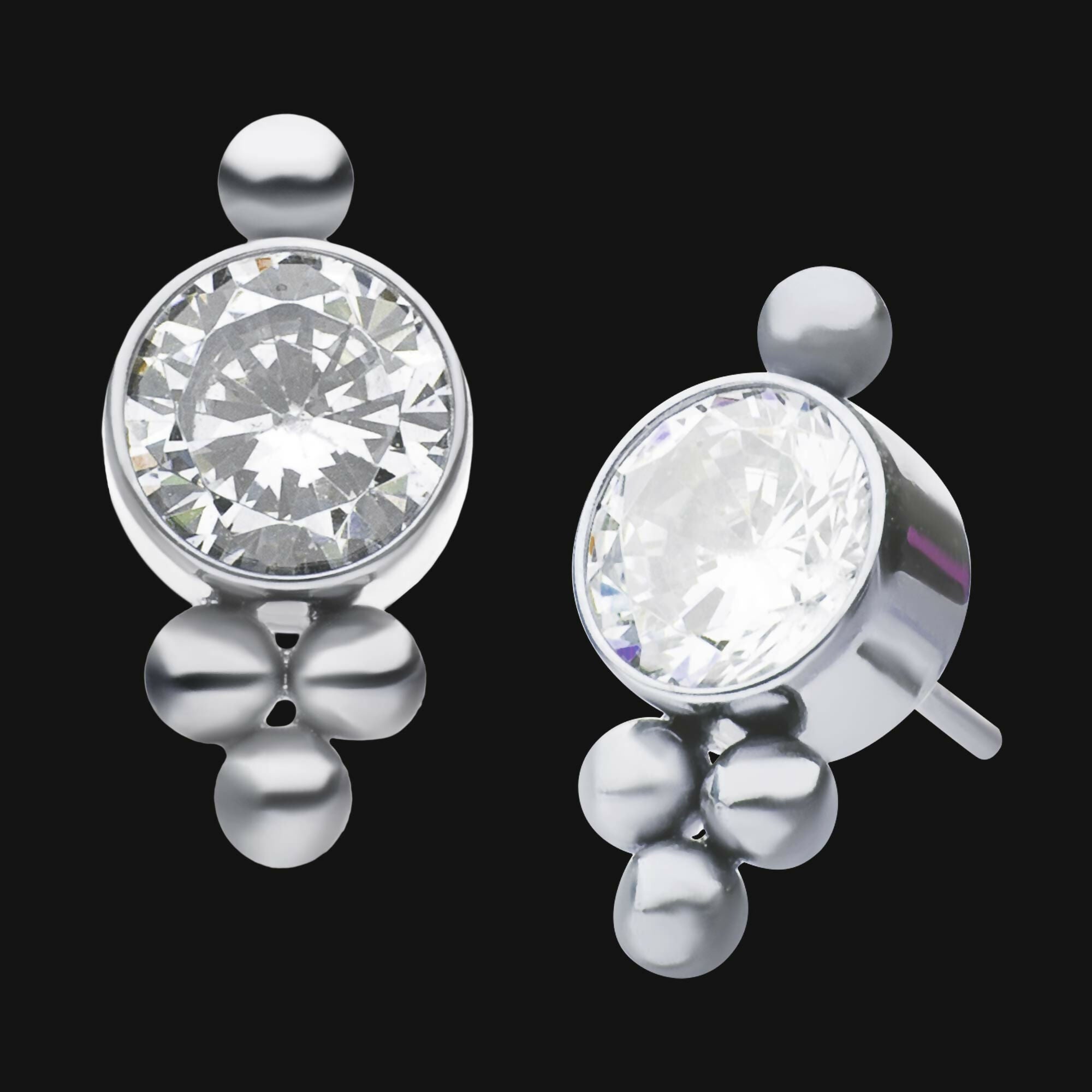 Titanium Threadless Tri-bead Cluster with 4mm CZ Bezel CZ Top