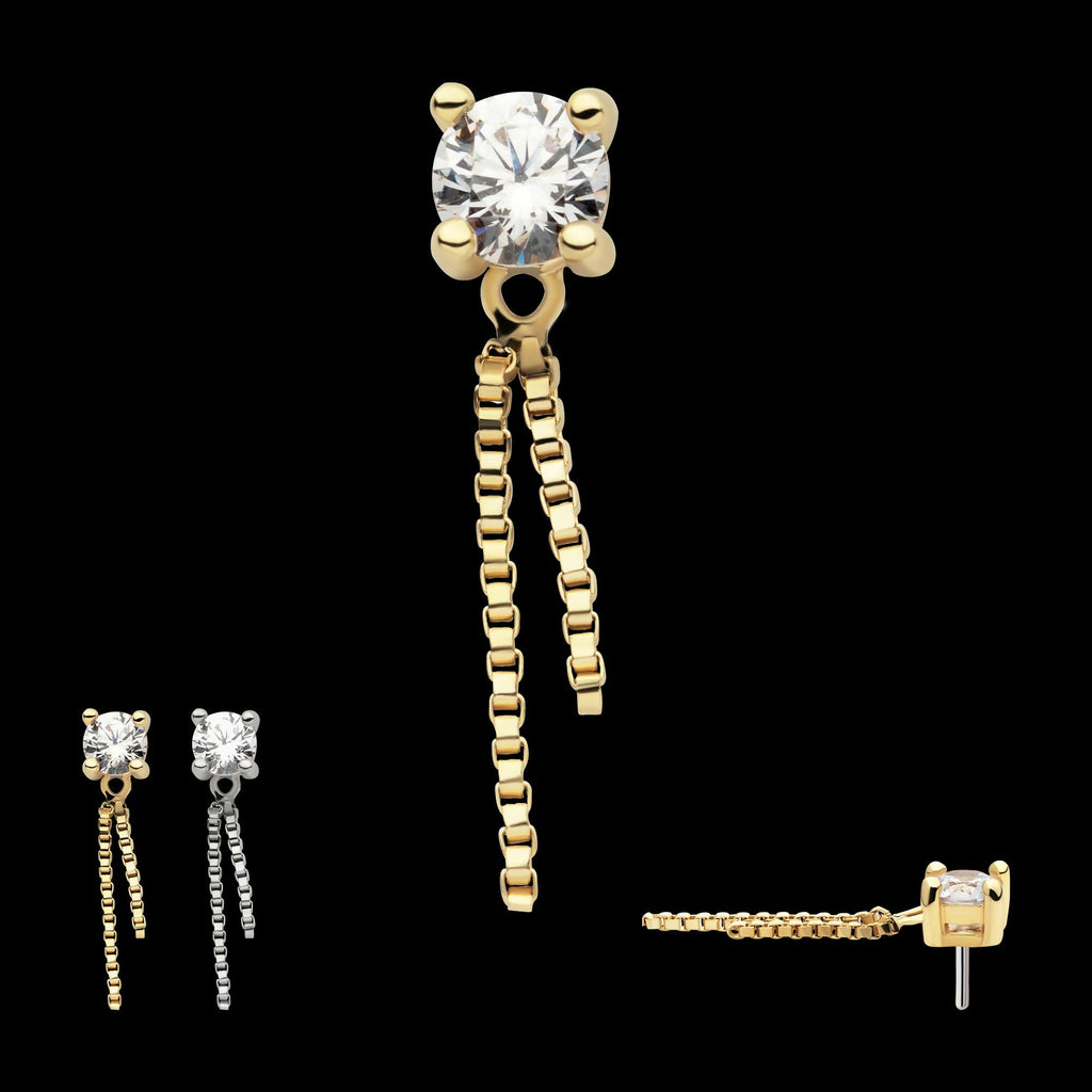 14Kt Gold Threadless Prong Set CZ Top with Dangle Double Box Chain