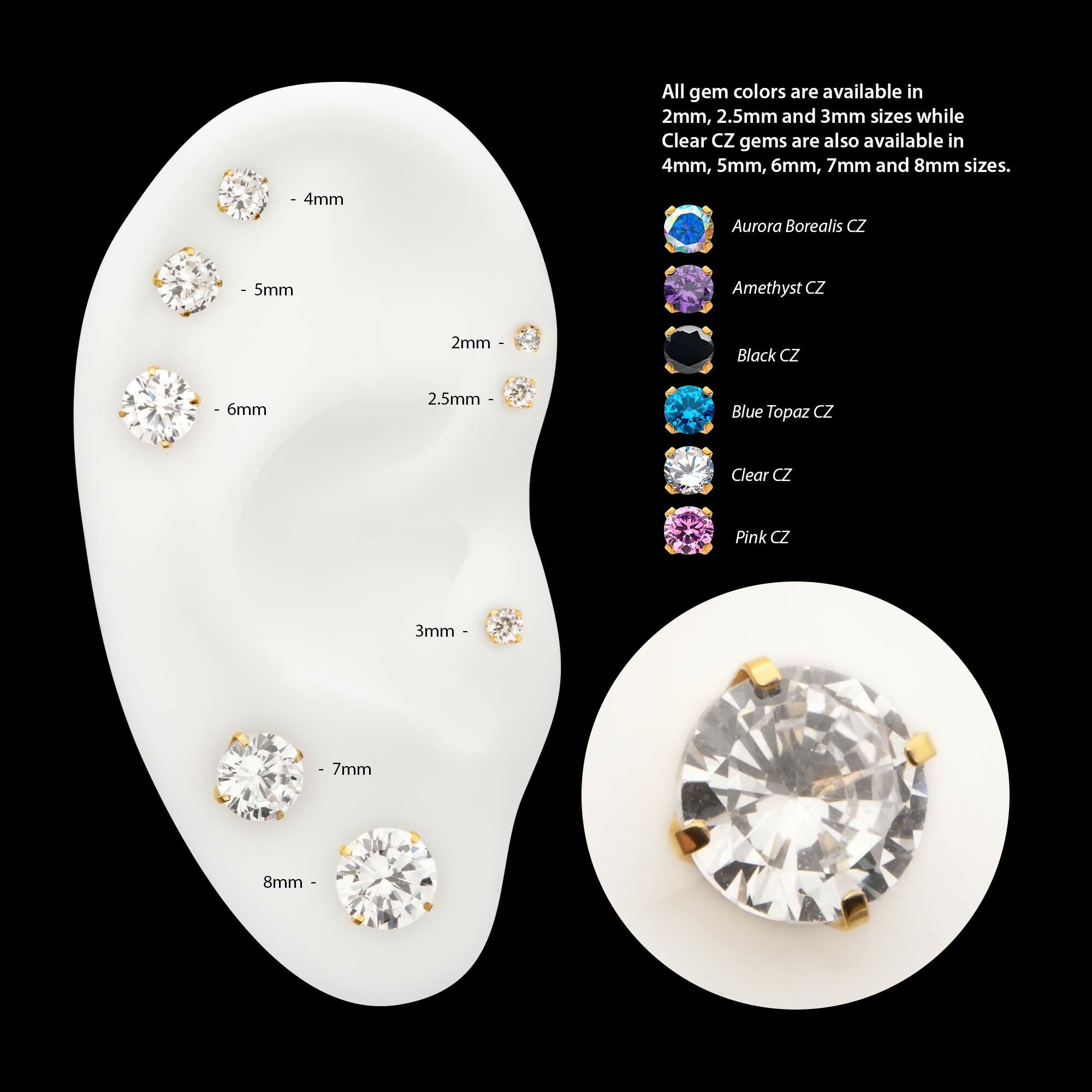 24KT Gold PVD Titanium Threadless Low Profile 4-Prong Round Gem Top