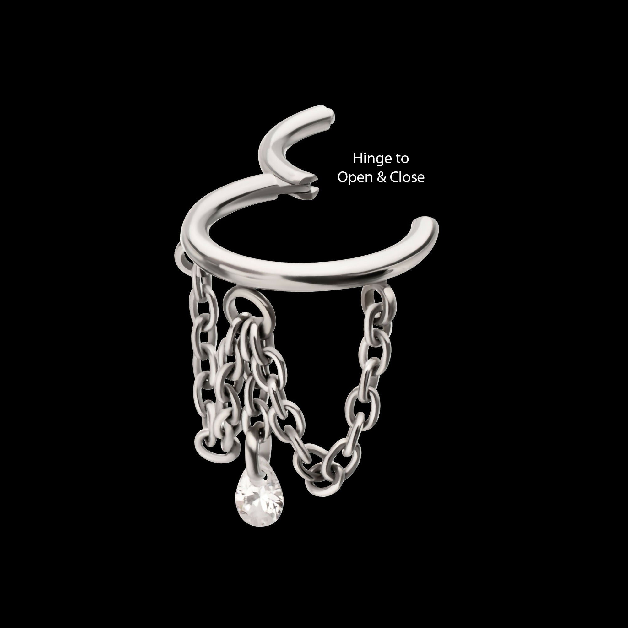 Triple Chain Dangle with Floating Teardrop Gem Hinged Segment Clicker Hoop Earring / Nosering – Titanium