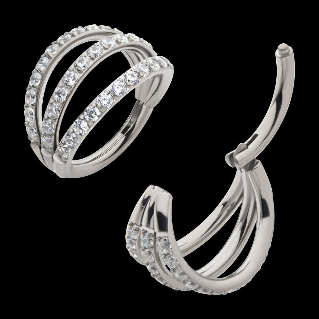 Triple Hoop with CNC Set 1mm Round Gem Side Facing Hinged Segment Clicker Earring / Nosering – Titanium
