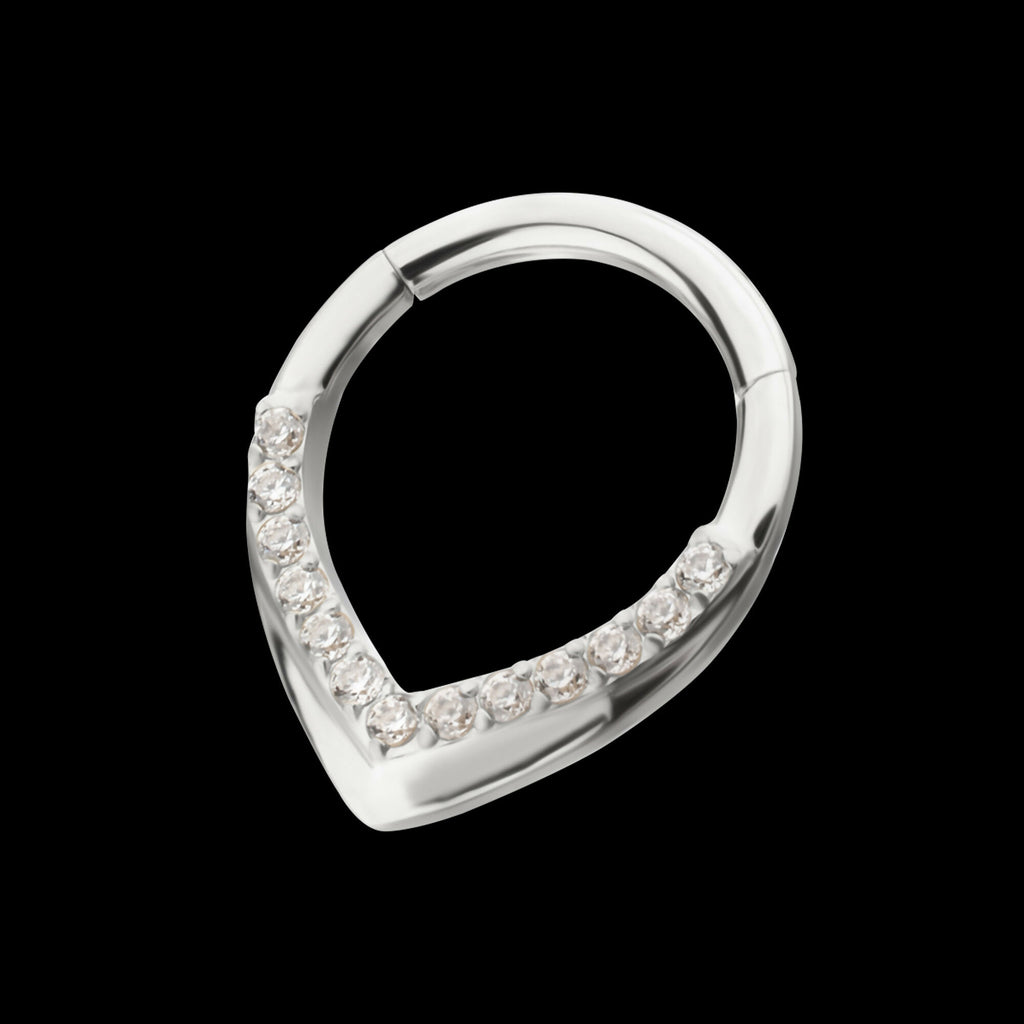 Pave Gem V-Shape Front Facing Hinged Segment Clicker Hoop Earring / Nosering – Titanium