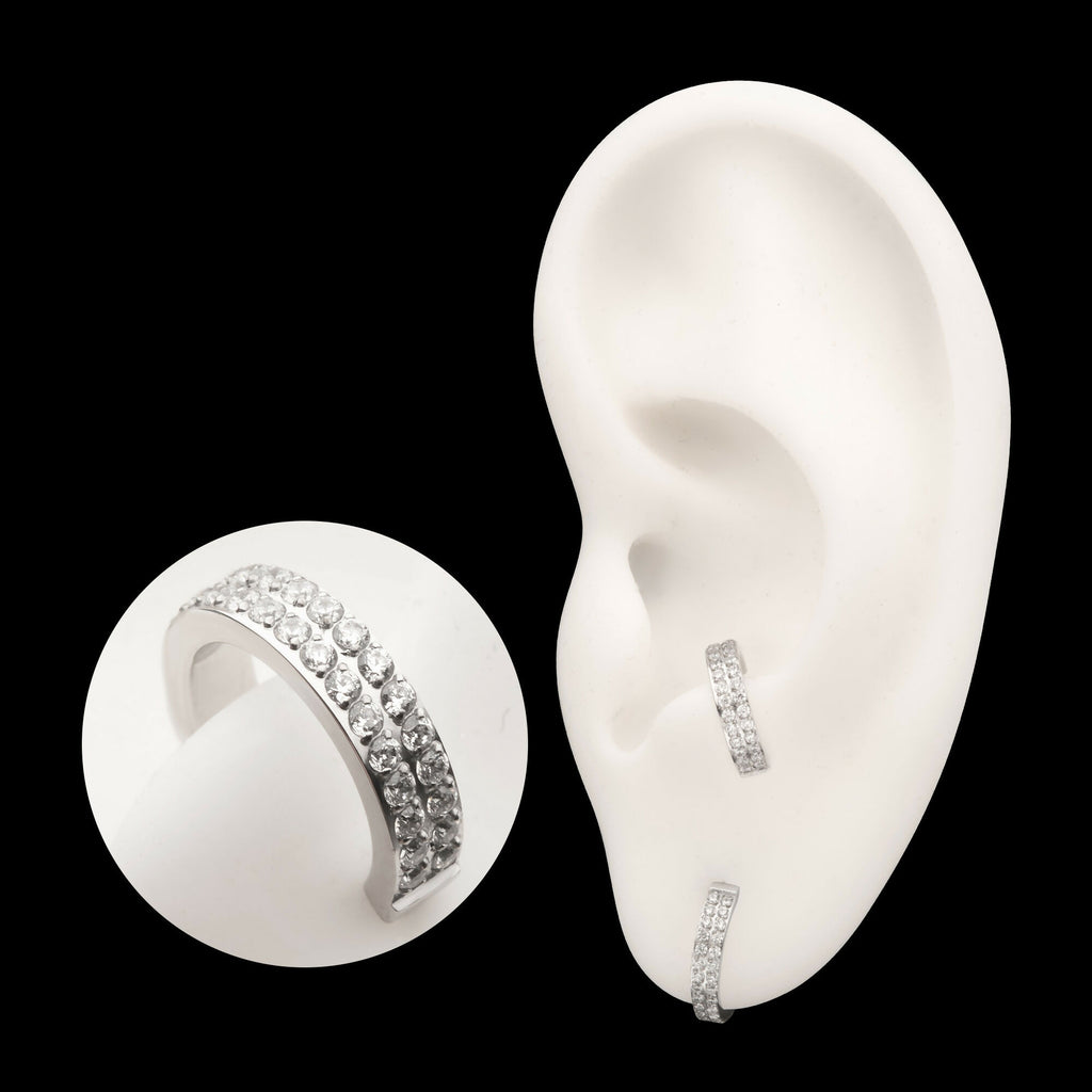 Platinum PVD Titanium Double Row 1mm Prong Set Gem Side Facing Huggie Hinged Segment Clicker Hoop Earring / Nosering
