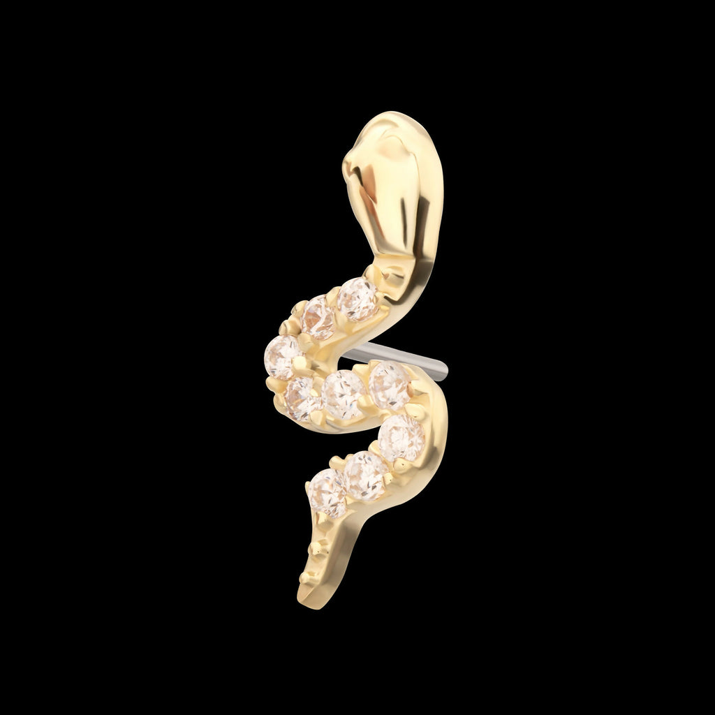 14Kt Gold Threadless Sculptural S-shaped Snake Top with 9 Pave Set Gem