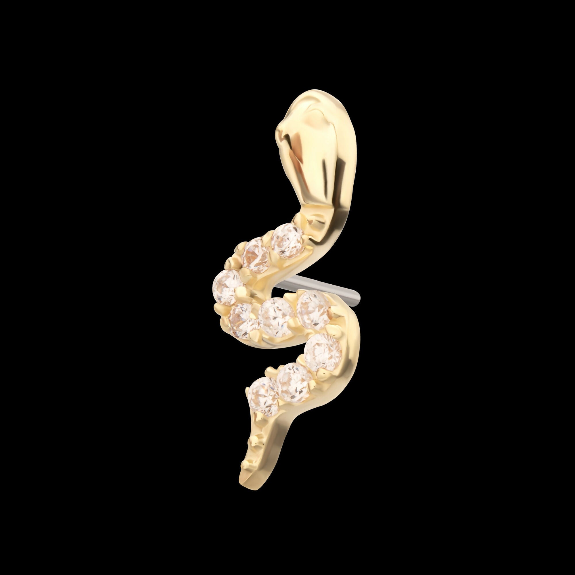 14Kt Gold Threadless Sculptural S-shaped Snake Top with 9 Pave Set Gem