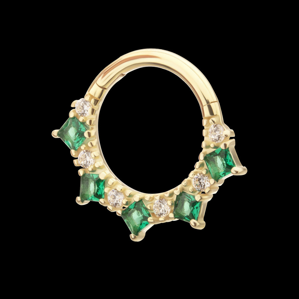 Alternating Round & Princess Cut Prong Set Gem Front Facing Hinged Segment Clicker Hoop Earring / Nosering – 14Kt Gold