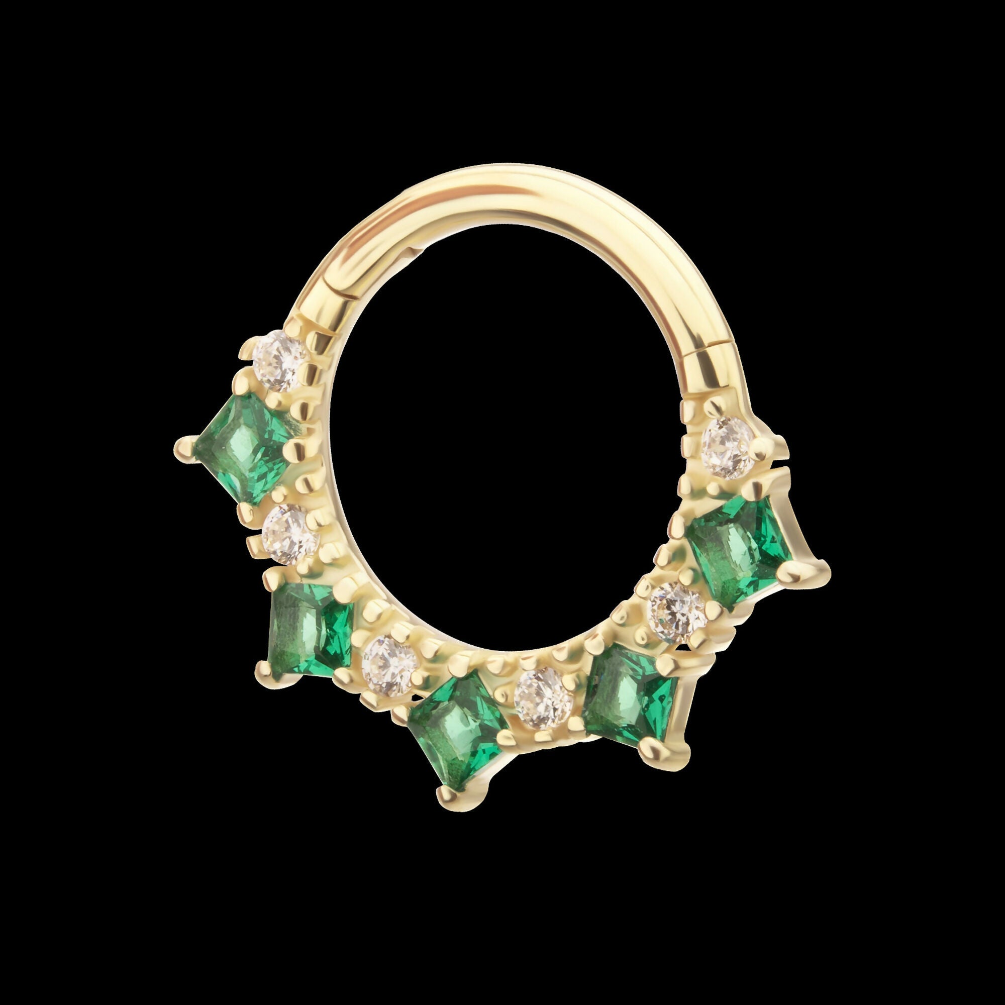 Alternating Round & Princess Cut Prong Set Gem Front Facing Hinged Segment Clicker Hoop Earring / Nosering – 14Kt Gold