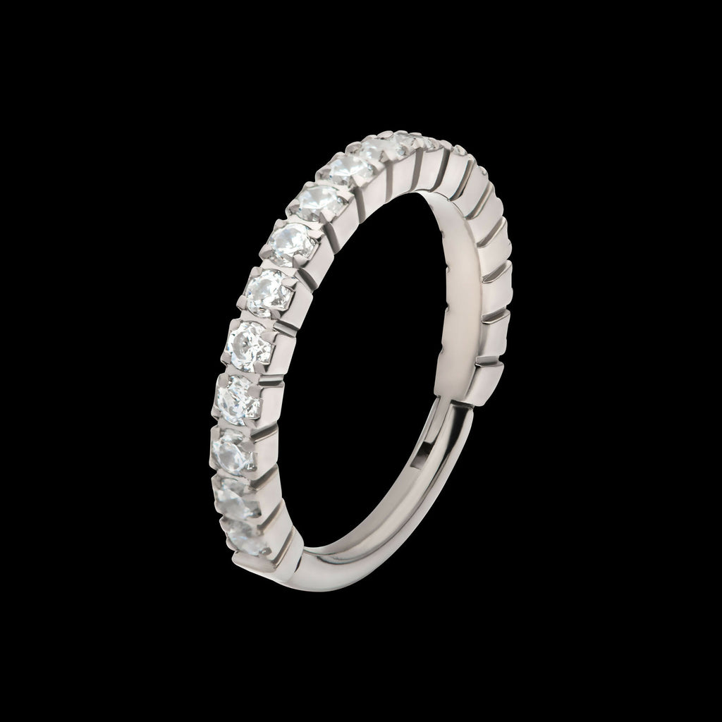 Prong Set Full Clear CZ Side Facing Hinged Segment Clicker Hoop Earring / Nosering – Titanium
