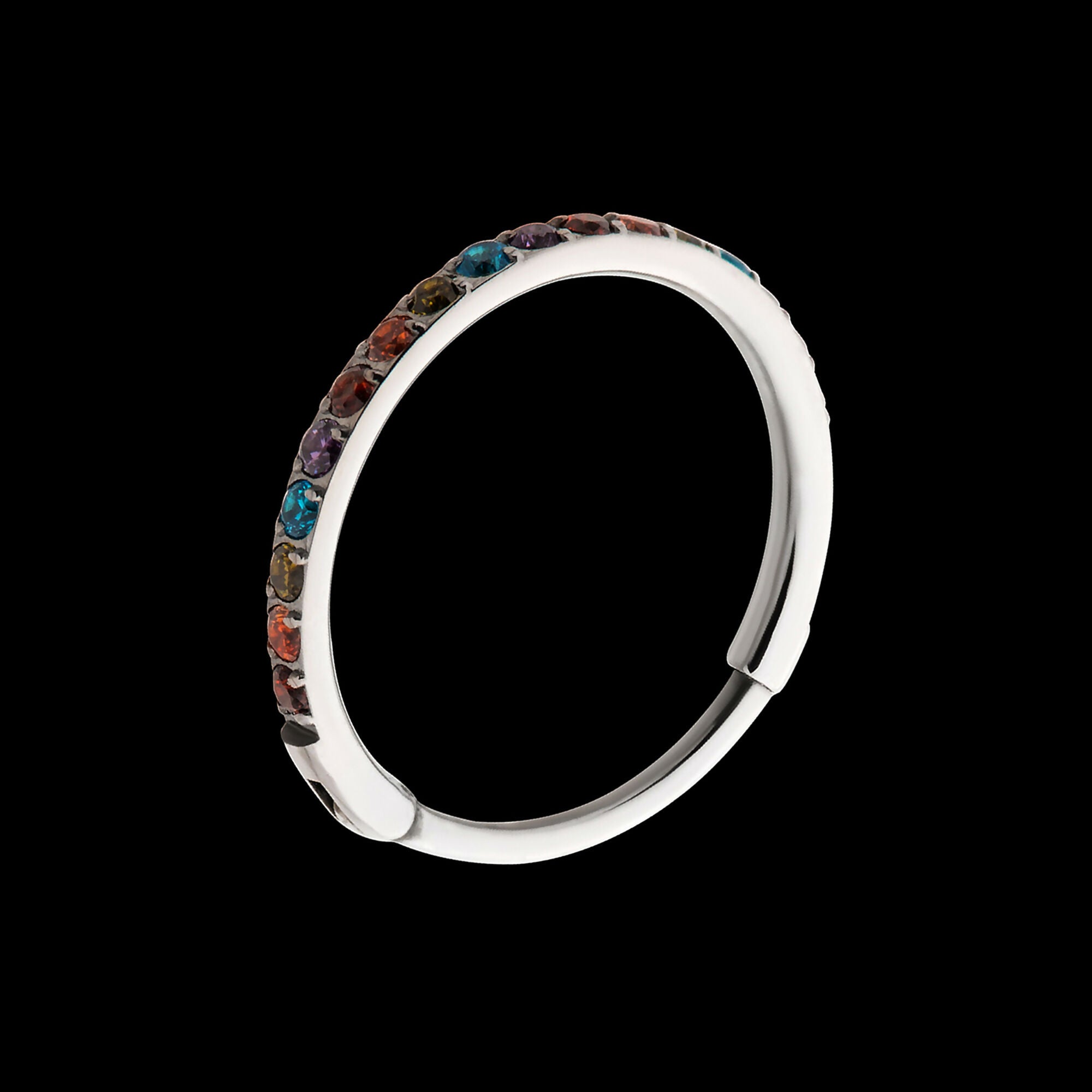 1mm CNC Set Rainbow Eternity CZ Titanium Side Facing Hinged Segment Clicker Hoop Earring / Nosering