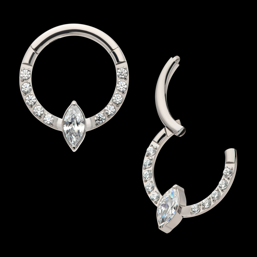 1mm CNC Set Full Clear CZ & Big Marquise CZ Front Facing Hinged Segment Clicker Hoop Earring / Nosering – Titanium
