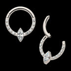 1mm CNC Set Full Clear CZ & Big Marquise CZ Front Facing Hinged Segment Clicker Hoop Earring / Nosering – Titanium