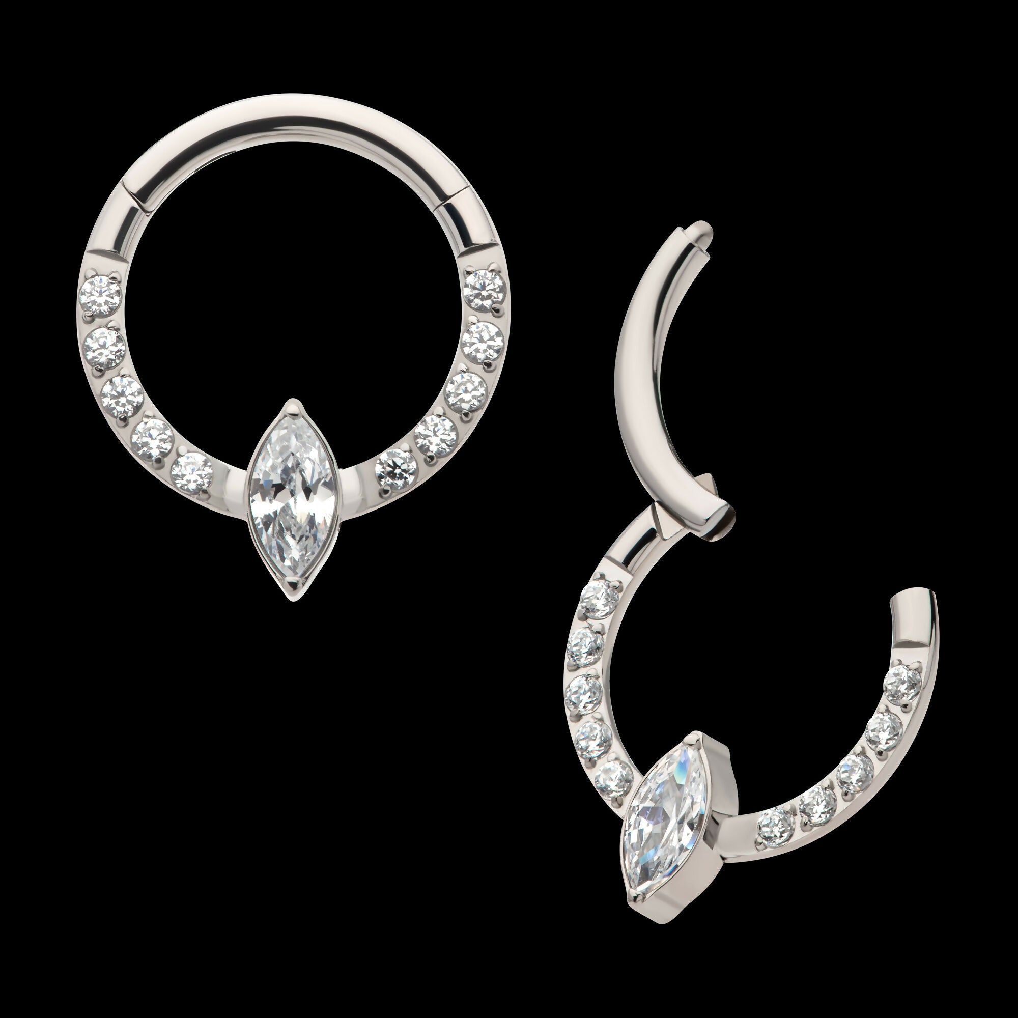 1mm CNC Set Full Clear CZ & Big Marquise CZ Front Facing Hinged Segment Clicker Hoop Earring / Nosering – Titanium
