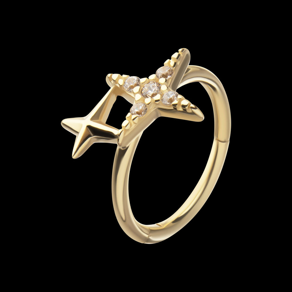 Pave Set Round Gem Double Star Side Facing Hinged Segment Clicker Hoop Earring / Nosering – 14Kt Yellow Gold