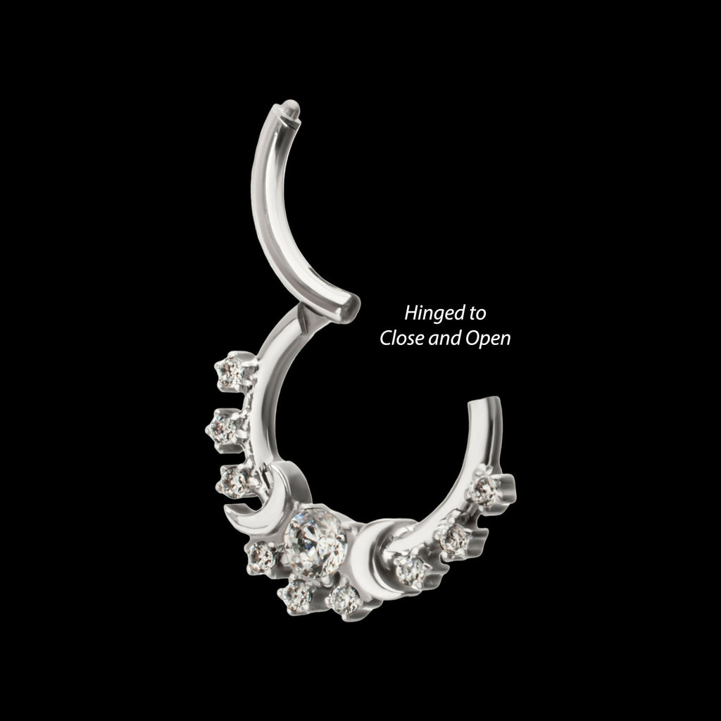 Triple Moon Phase with Prong Set Gem Cluster Front Facing Hinged Segment Clicker Hoop Earring / Nosering – Titanium