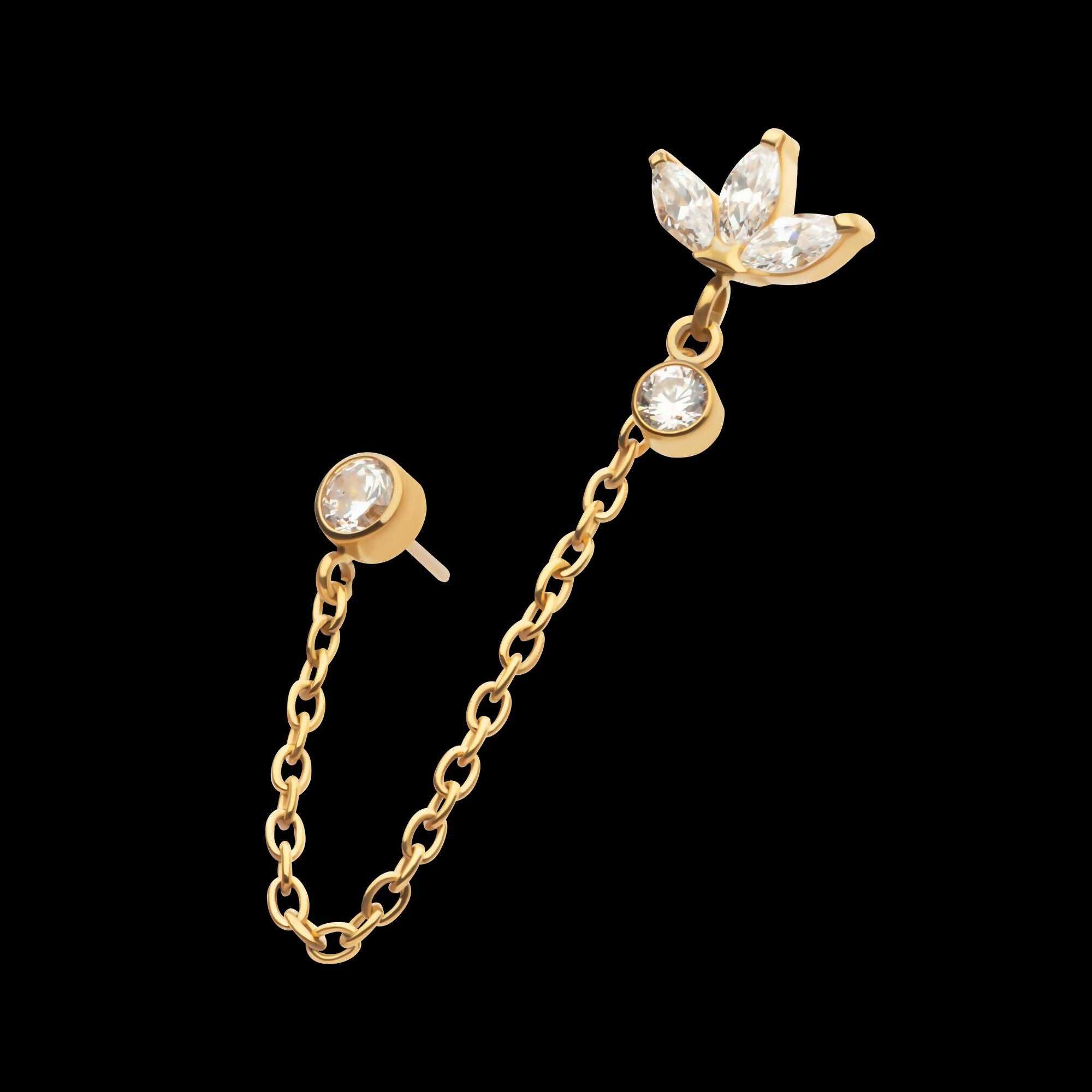 24Kt Gold PVD Titanium Threadless Marquise Trinity & Duo Bezel Round Gem Top with Dangle Rolo Chain