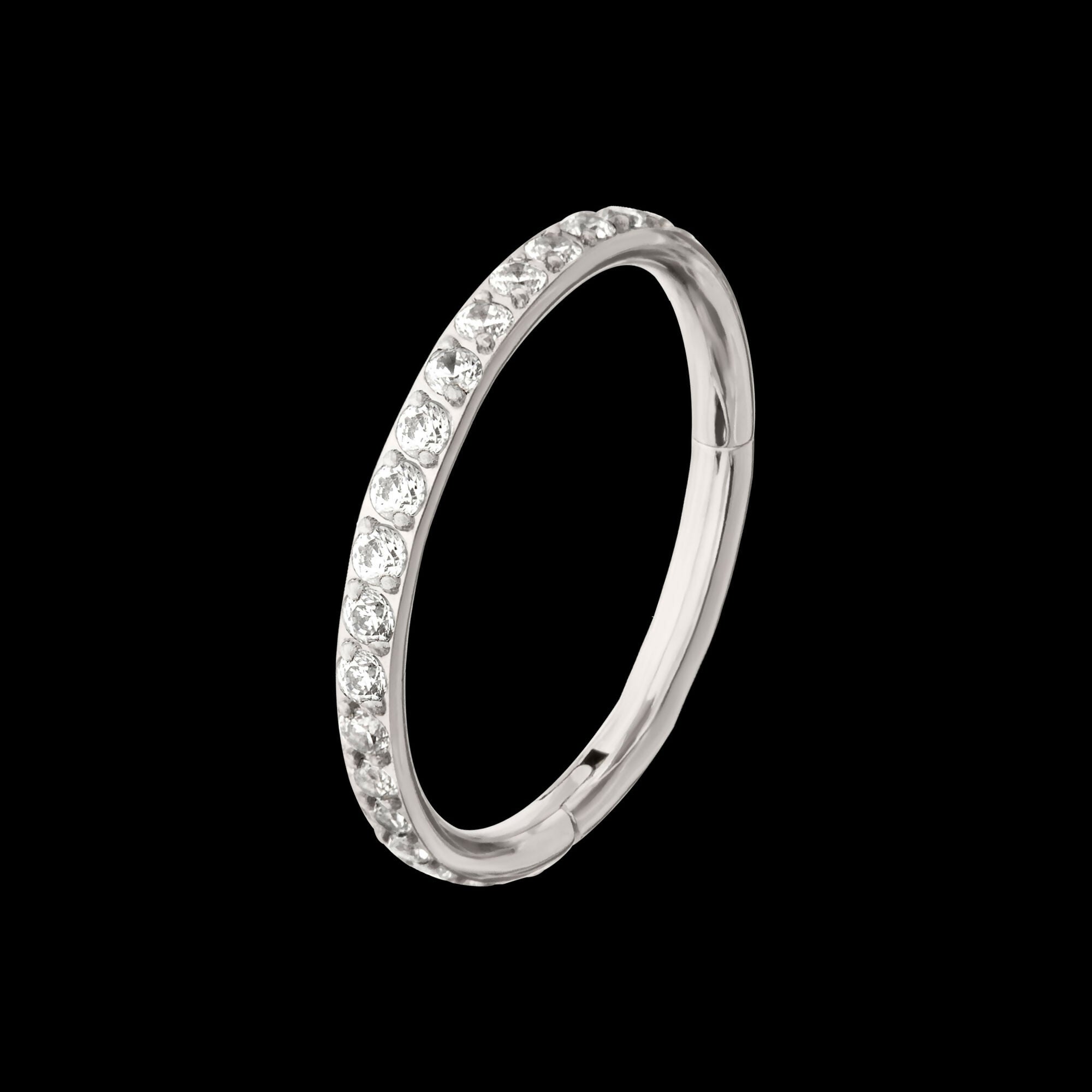 Platinum PVD Titanium 1mm CNC Set Full Clear CZ Eternity Gem Side Facing Hinged Segment Clicker Hoop Earring / Nosering
