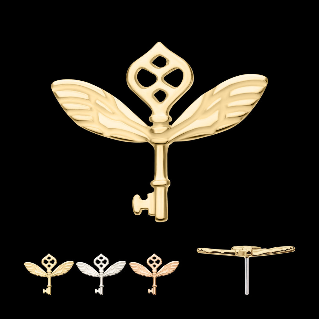 Harry Potter Winged Key Flatback Stud Earring / Nosering - 14Kt Gold