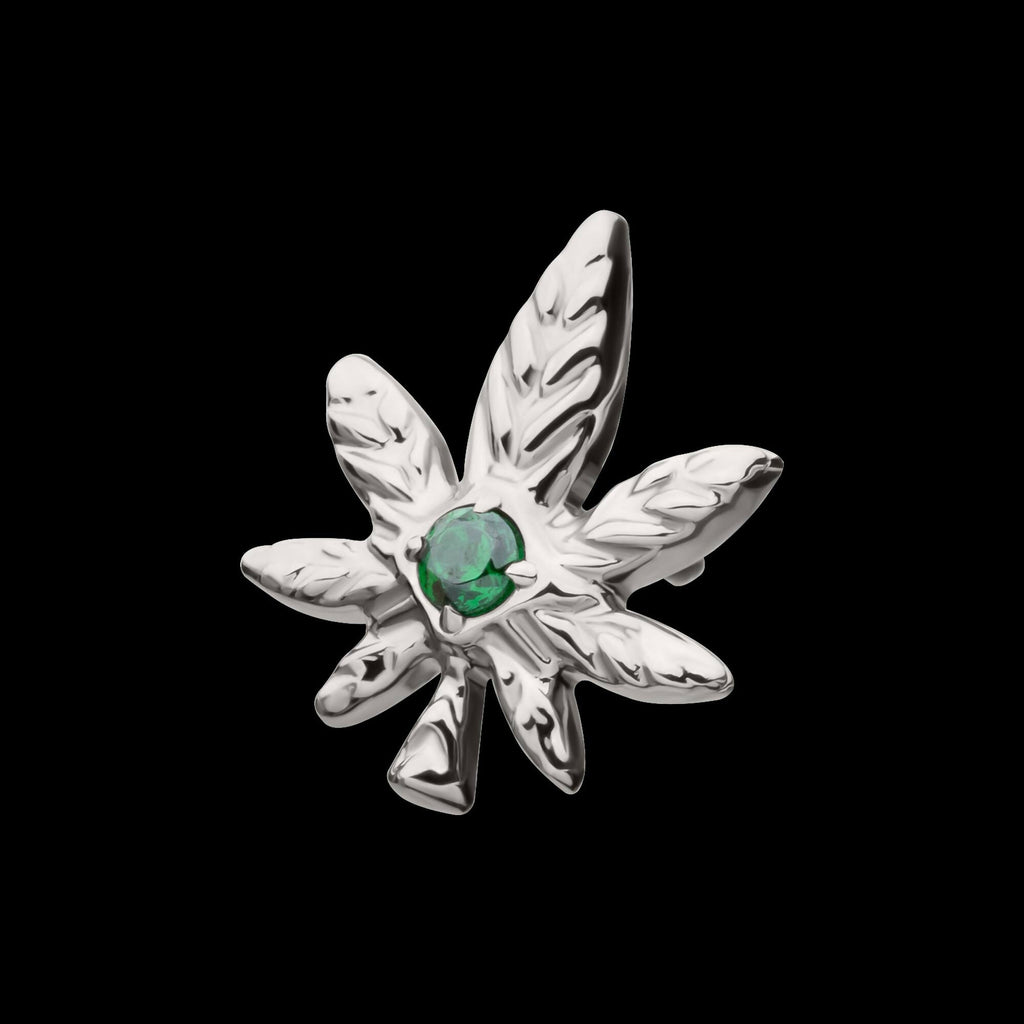 Titanium Threadless Prong Set Emerald Green Gem Pot Leaf Top