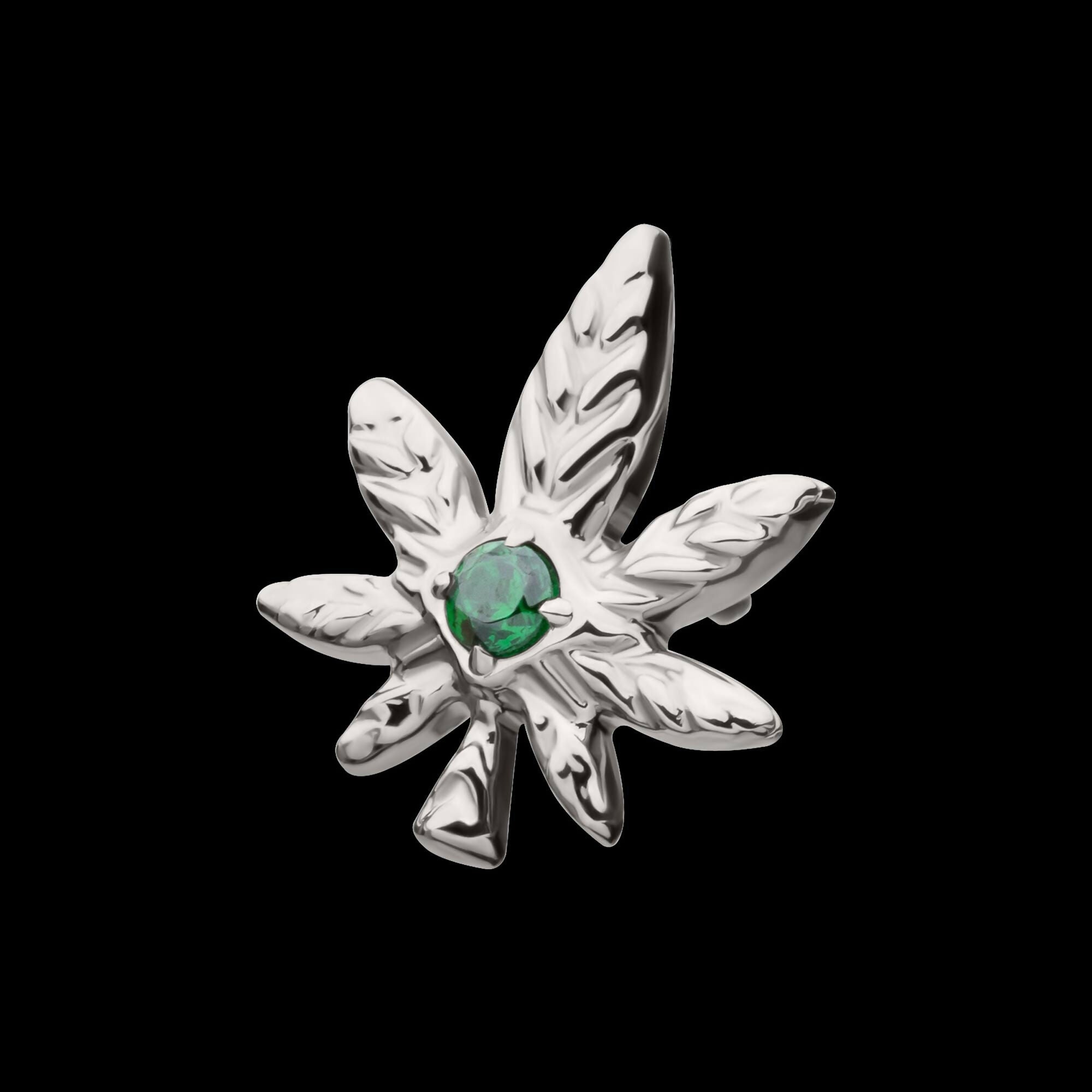 Titanium Threadless Prong Set Emerald Green Gem Pot Leaf Top