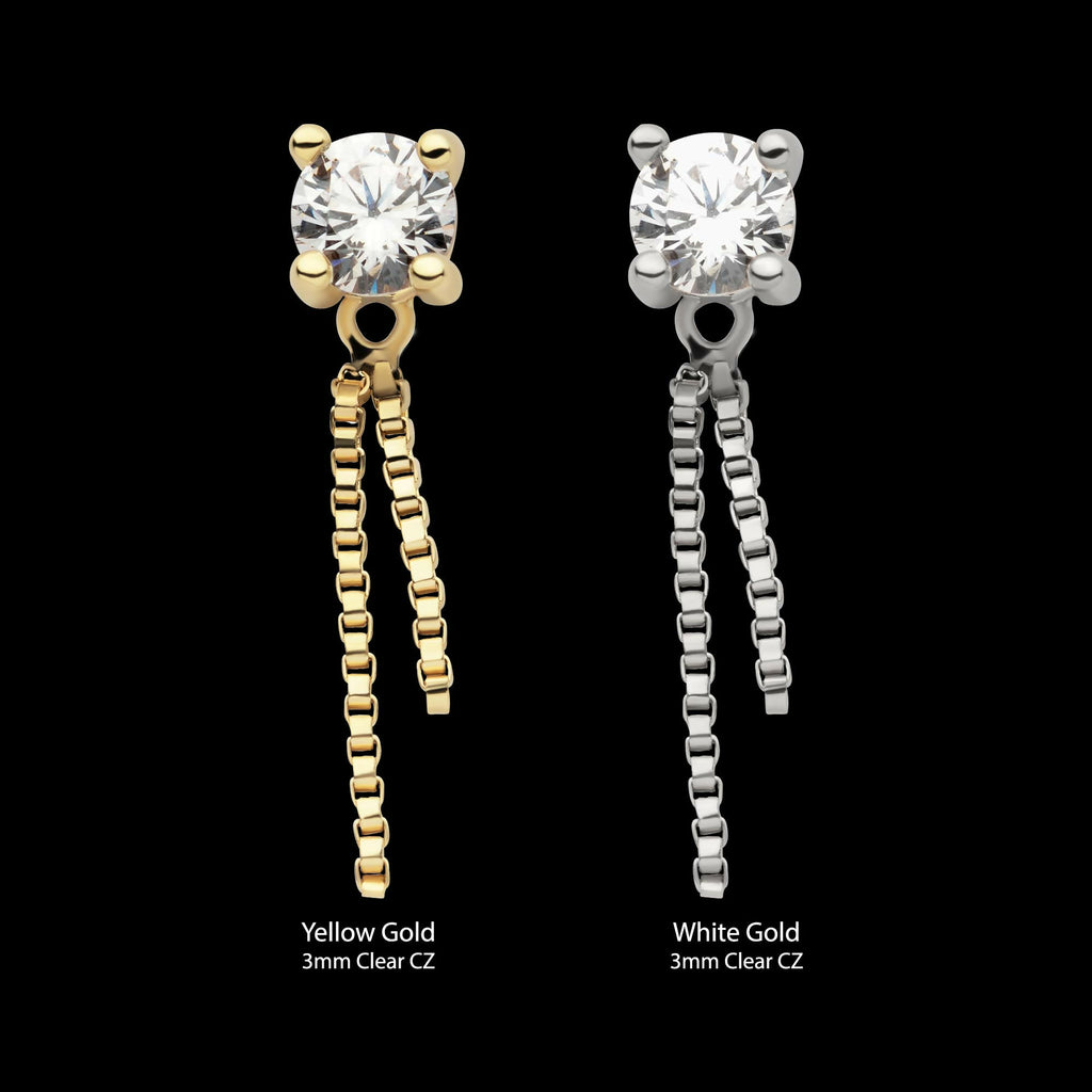 14Kt Gold Threadless Prong Set CZ Top with Dangle Double Box Chain