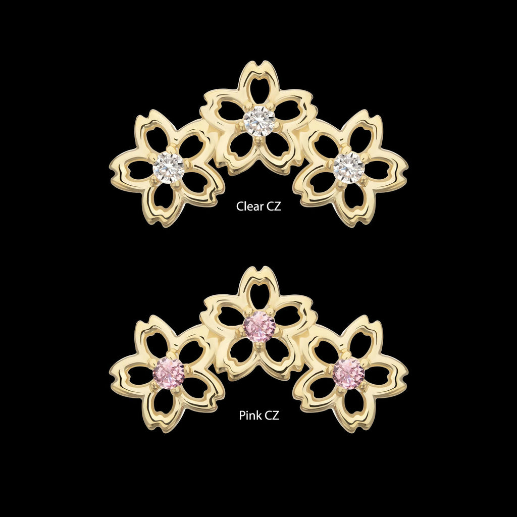 14Kt Yellow Gold Threadless Triple Cut Out Cherry Blossom Flower Top with Prong Set Gem