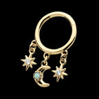 Triple Dangle Charm Clear CZ Stars & Opal Crescent Moon Hinged Segment Clicker Hoop Earring / Nosering – 14Kt Yellow Gold