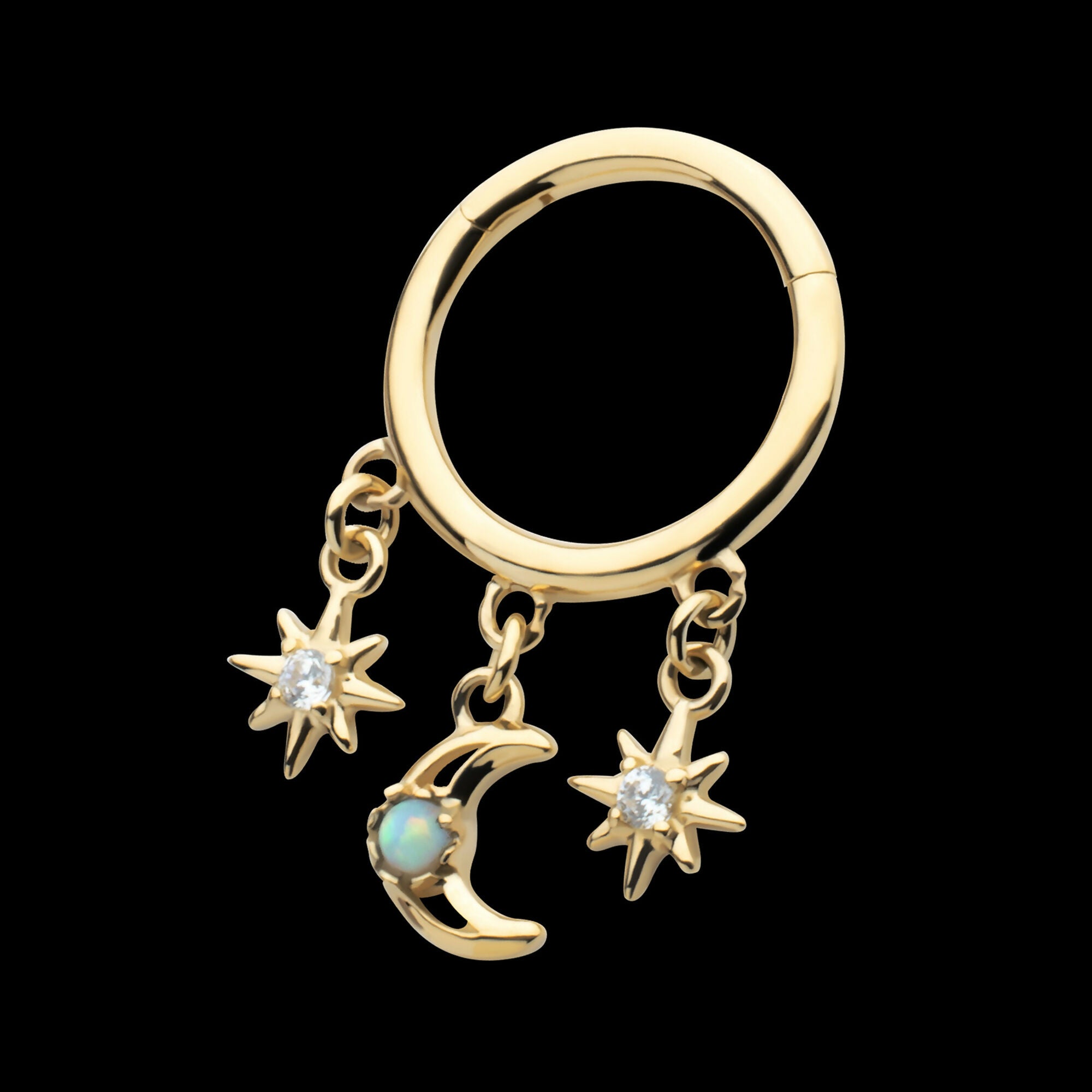 Triple Dangle Charm Clear CZ Stars & Opal Crescent Moon Hinged Segment Clicker Hoop Earring / Nosering – 14Kt Yellow Gold