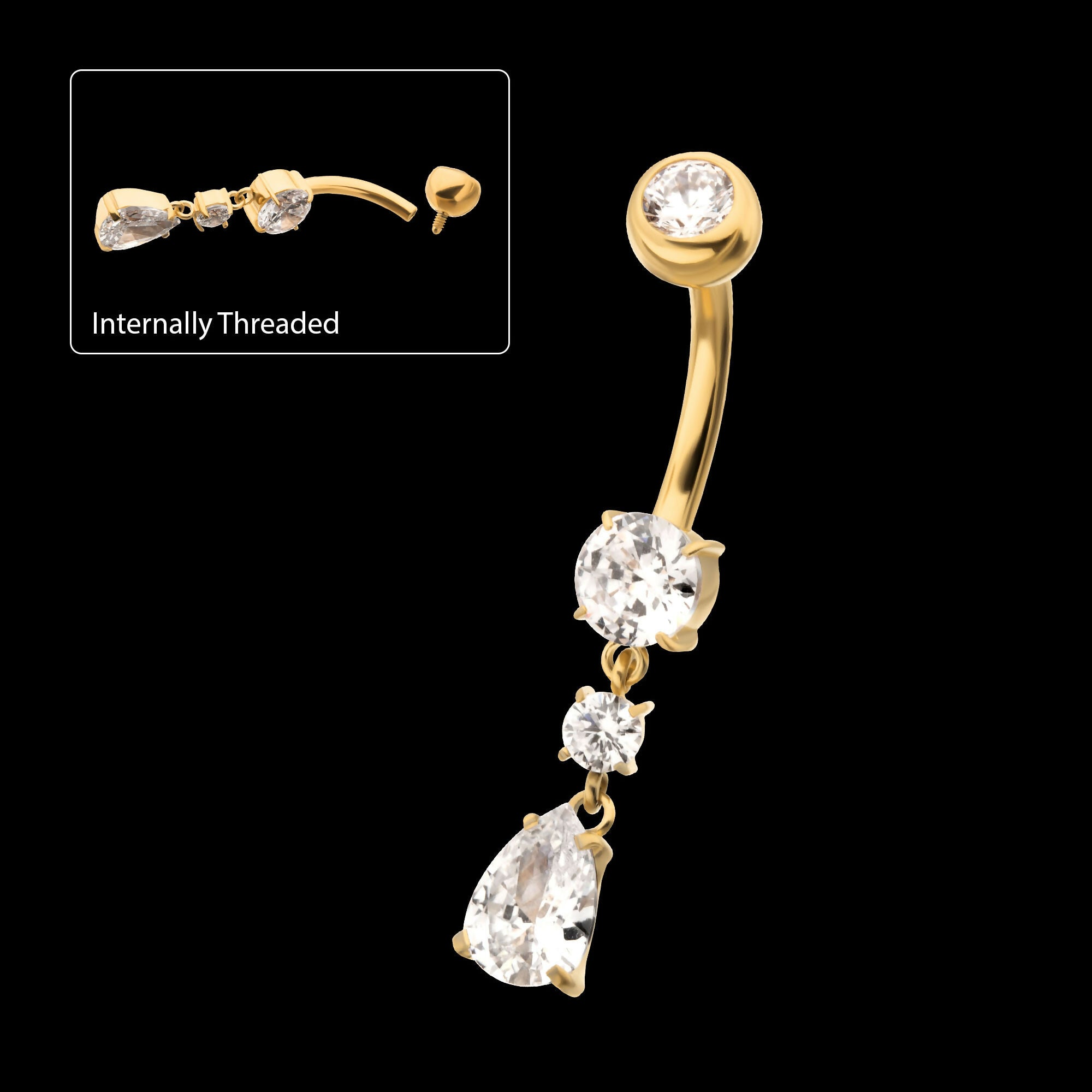 24Kt Gold PVD Titanium Internally Threaded Double Dangle Prong Set Round and Teadrop Gem Navel Earring / Nosering