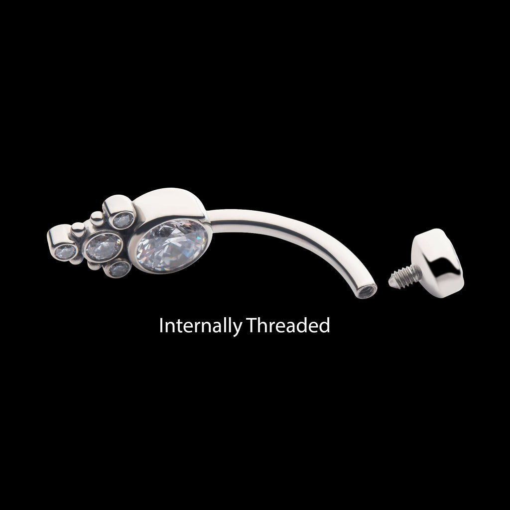 Internally Threaded with Beaded Bezel Set CZ Terraced Cluster Navel Curve Earring / Nosering – Titanium