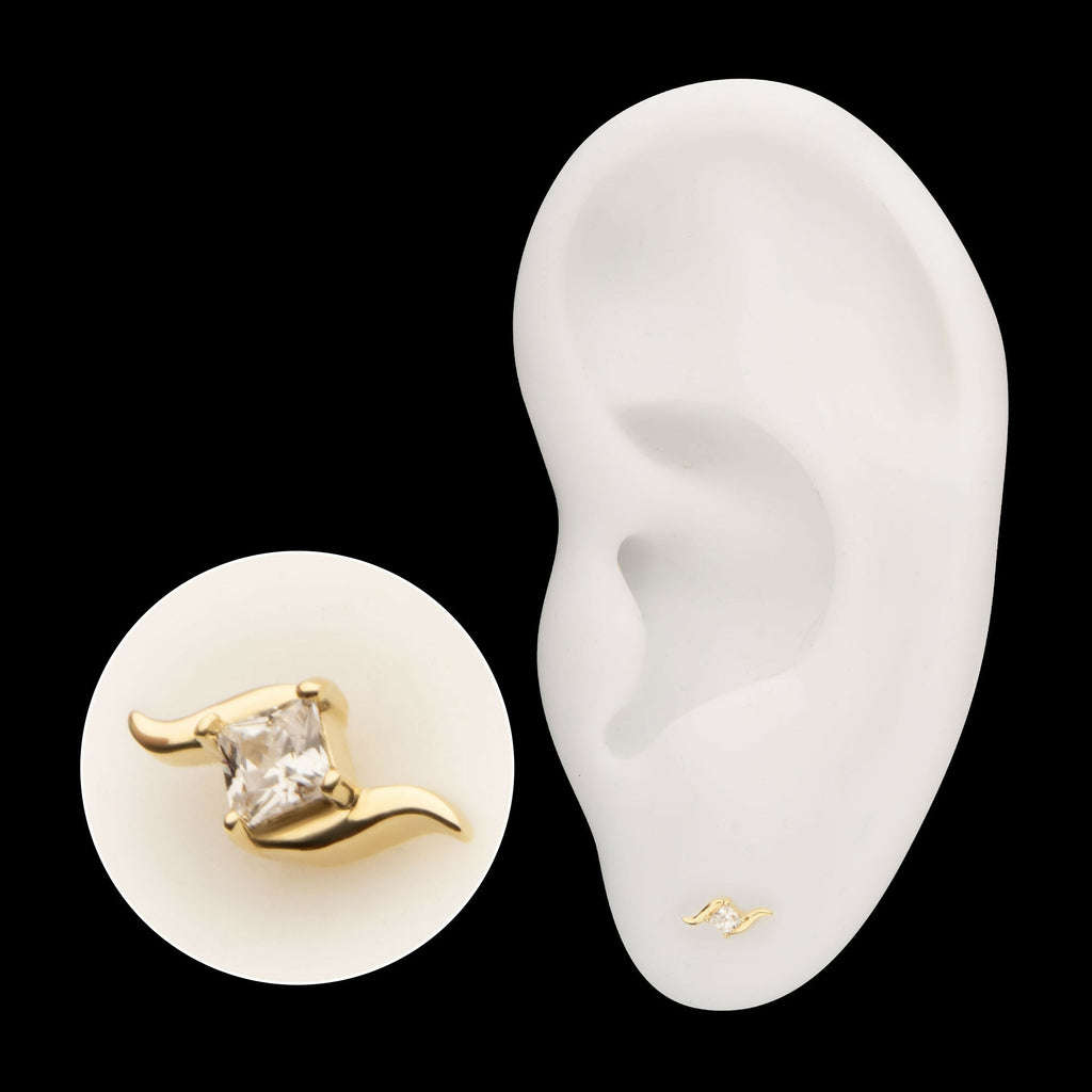 14Kt Yellow Gold Threadless Wave with Prong Set Princess Cut Gem Top