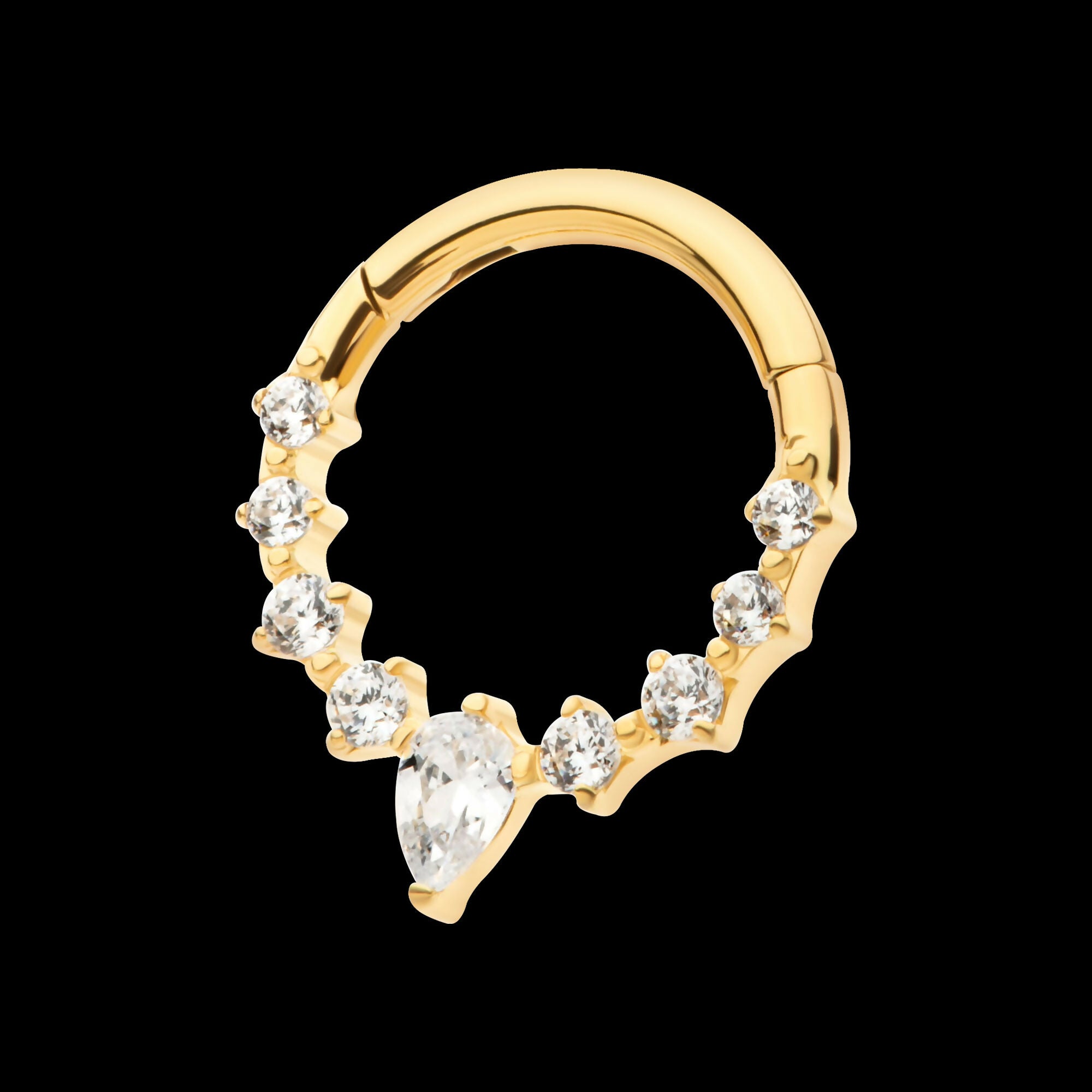 24Kt Gold PVD Titanium 9-Cluster Prong Set Round & Teardrop CZ Front Facing Hinged Segment Clicker Hoop Earring / Nosering