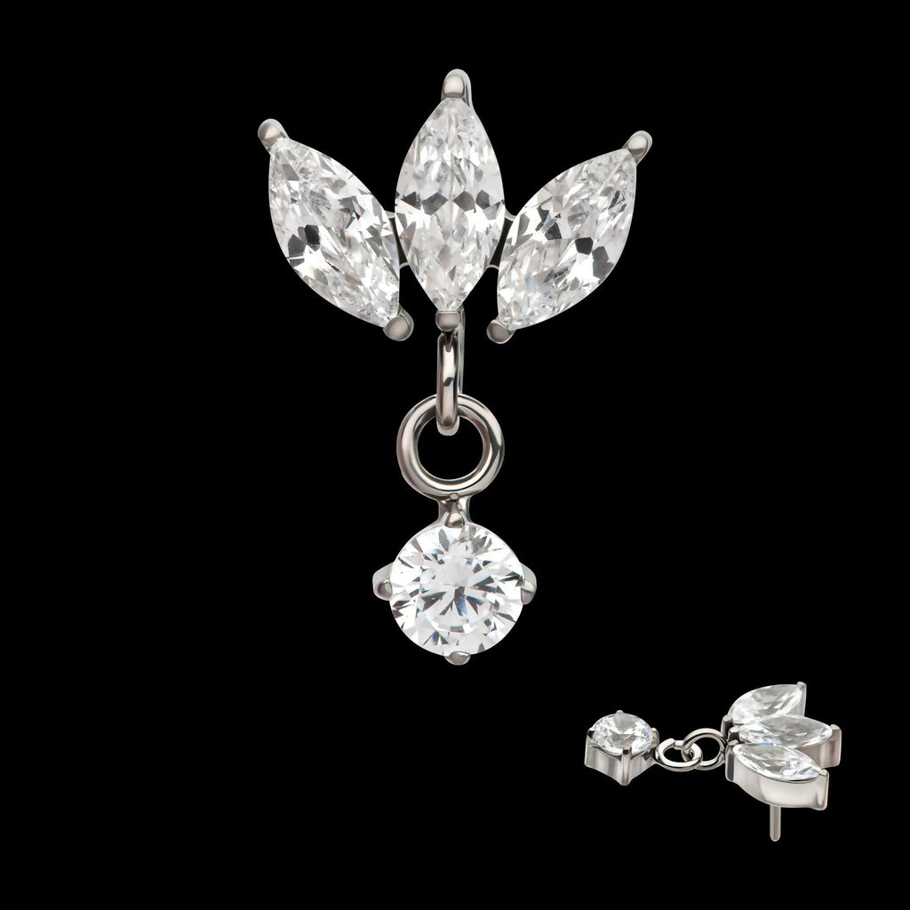 Titanium Threadless 3 Cluster Marquise CZ Top with Dangle 4-Prong Round CZ