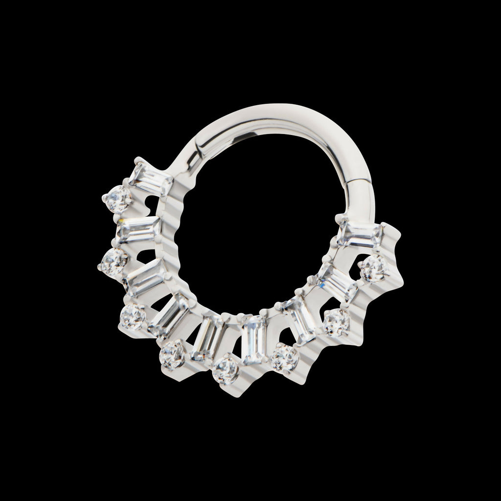 Clustered Prong Set Round & Baguette CZ Front Facing Hinged Segment Clicker Hoop Earring / Nosering – Titanium