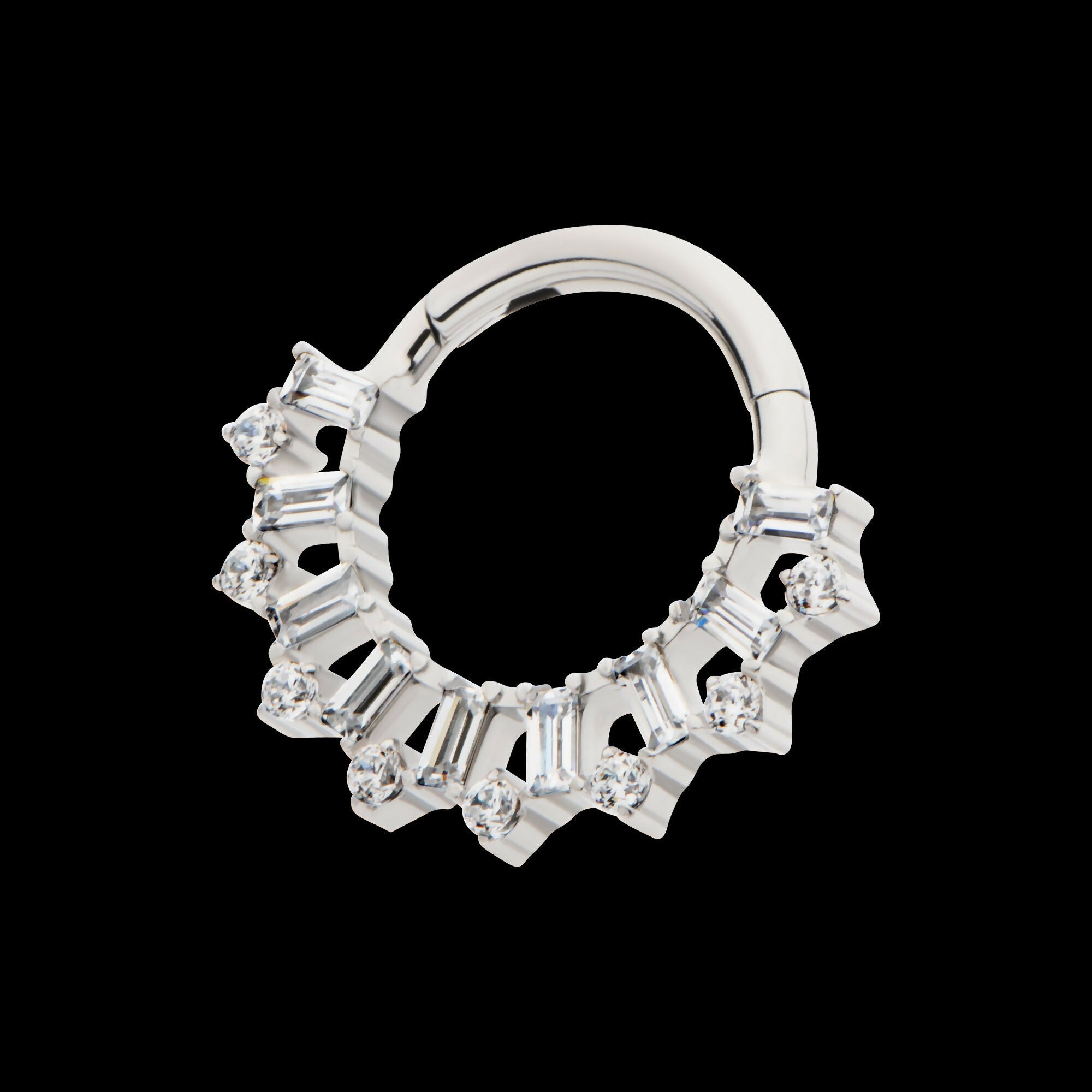 Clustered Prong Set Round & Baguette CZ Front Facing Hinged Segment Clicker Hoop Earring / Nosering – Titanium