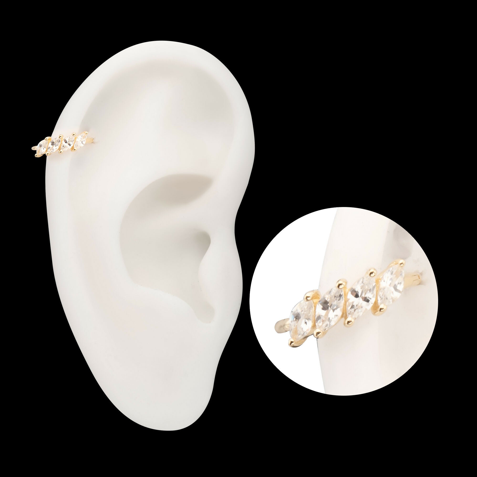 4 Marquise Staggered Cluster Prong Gem Side Facing Hinged Segment Clicker Hoop Earring / Nosering – 14Kt Gold