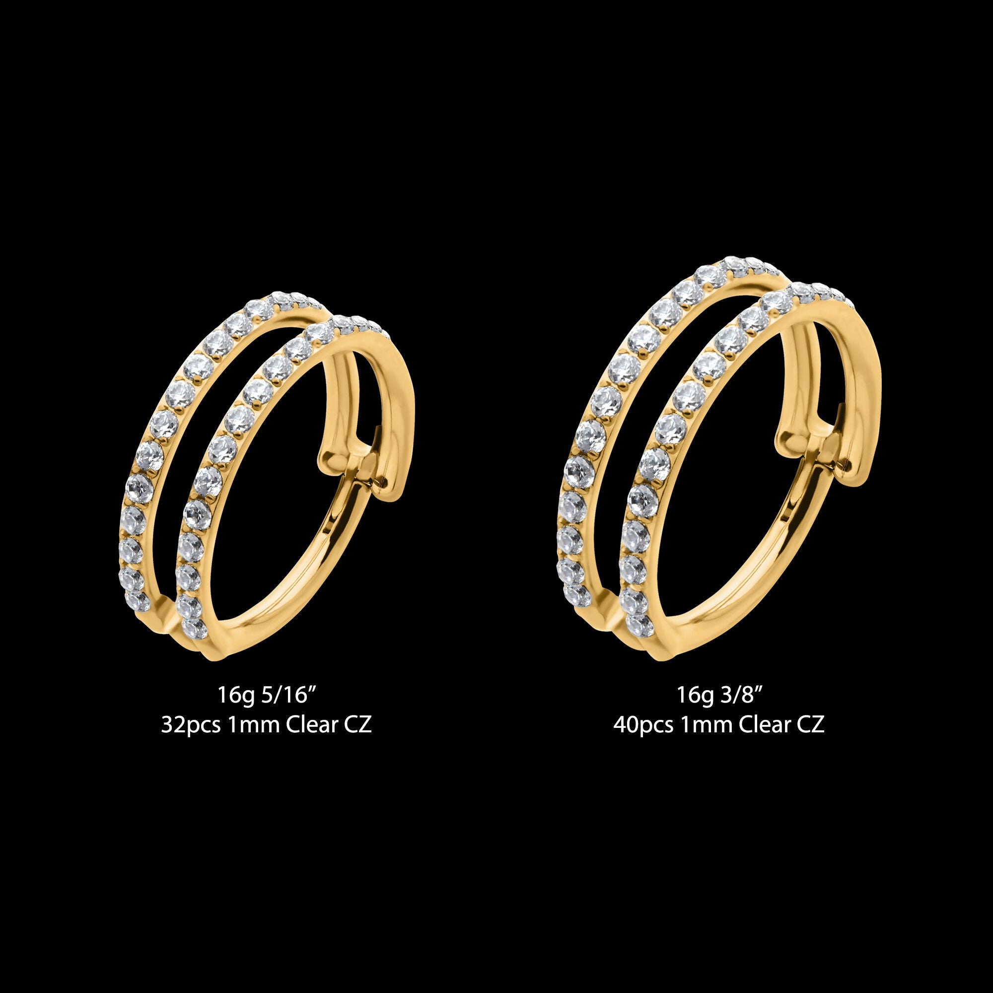 24Kt Gold PVD Titanium Double Row Full Clear CZ Side Facing Hinged Segment Clicker Hoop Earring / Nosering
