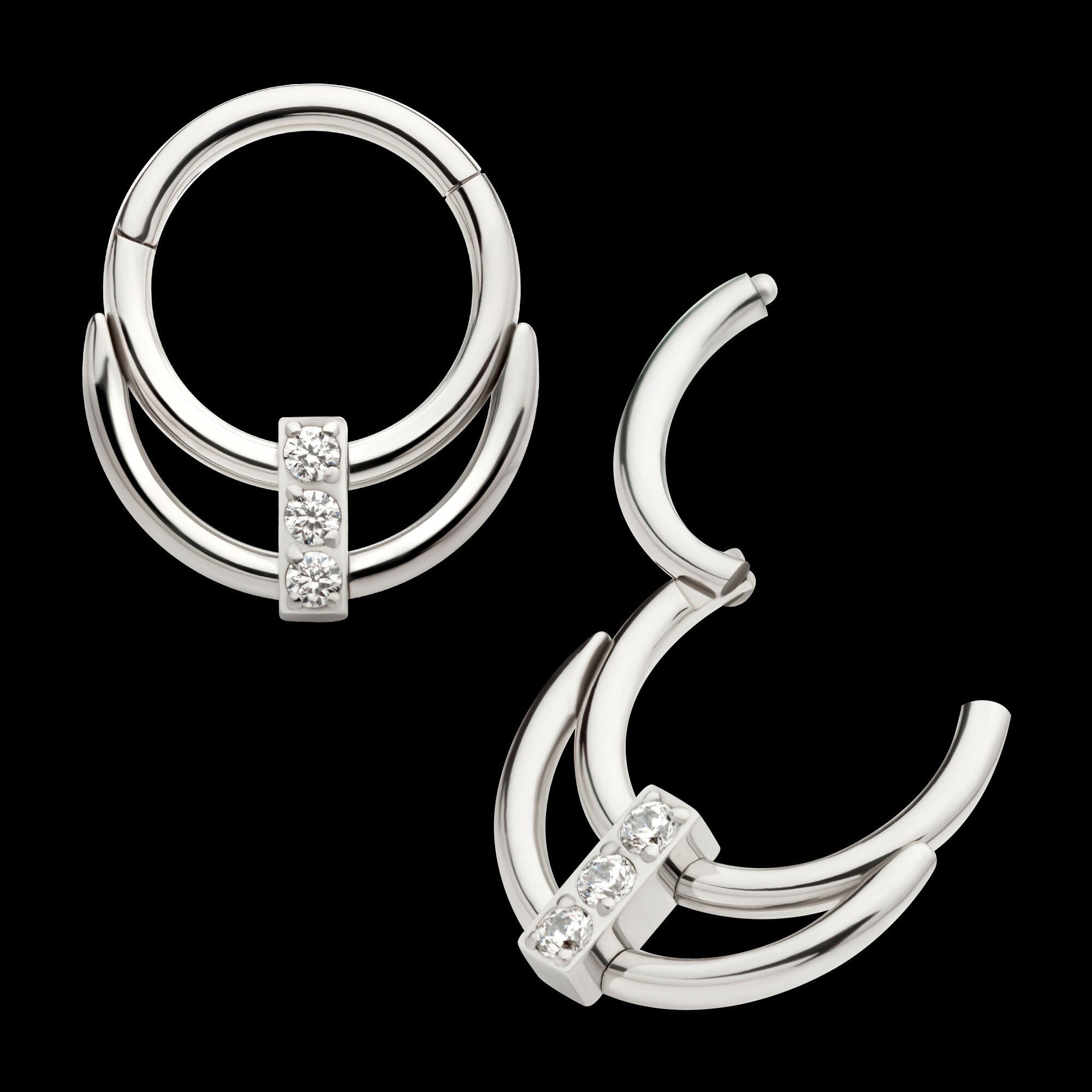 Double Hoop with 3-Cluster CZ Front Facing Hinged Segment Clicker Earring / Nosering – Titanium