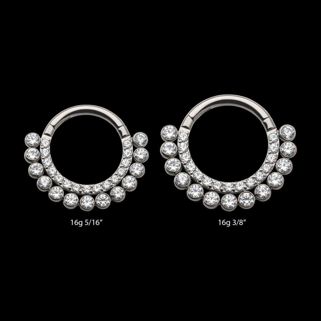 Double Row Clustered CZ Front Facing Hinged Segment Clicker Hoop Earring / Nosering – Titanium