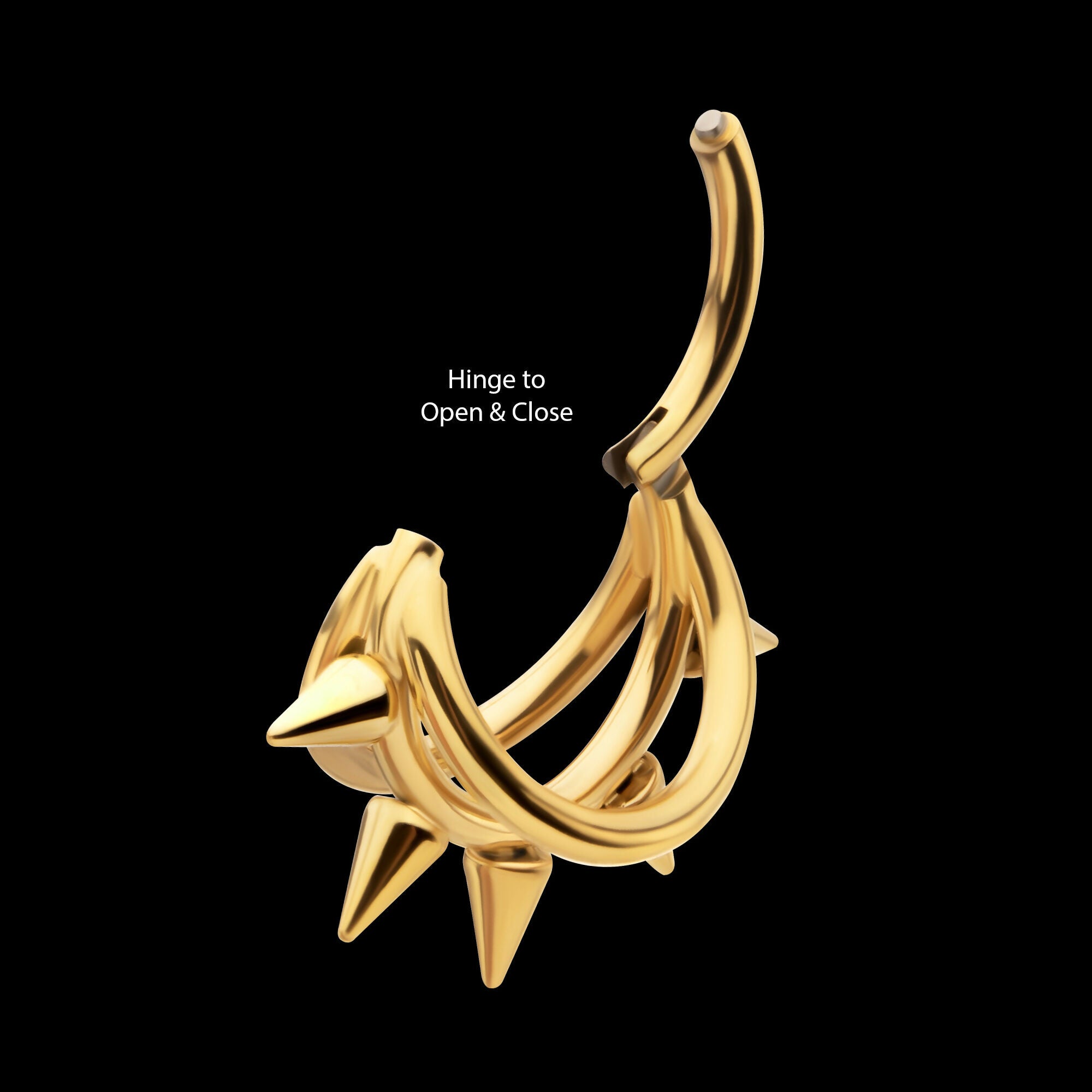 24Kt Gold PVD Titanium Five-Spiked Open Stack Triple Hoop Hinged Segment Clicker Earring / Nosering