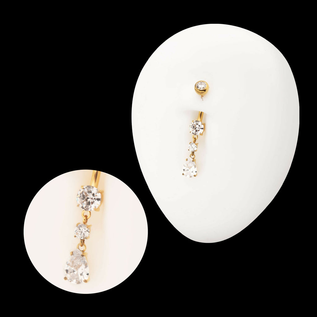 24Kt Gold PVD Titanium Internally Threaded Double Dangle Prong Set Round and Teadrop Gem Navel Earring / Nosering