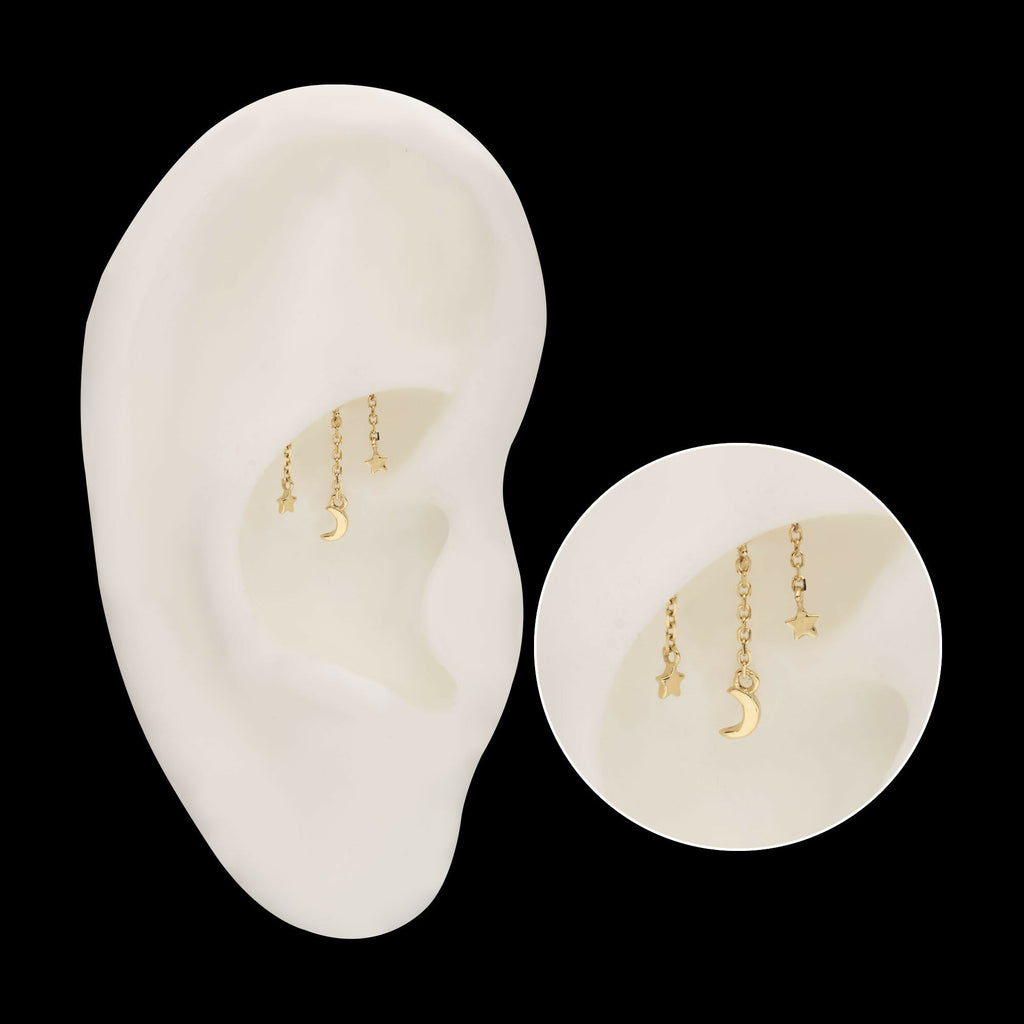 14Kt Yellow Gold Threadless Hidden Helix Curved Bar Top with Crescent Moon and Stars Chain Dangle