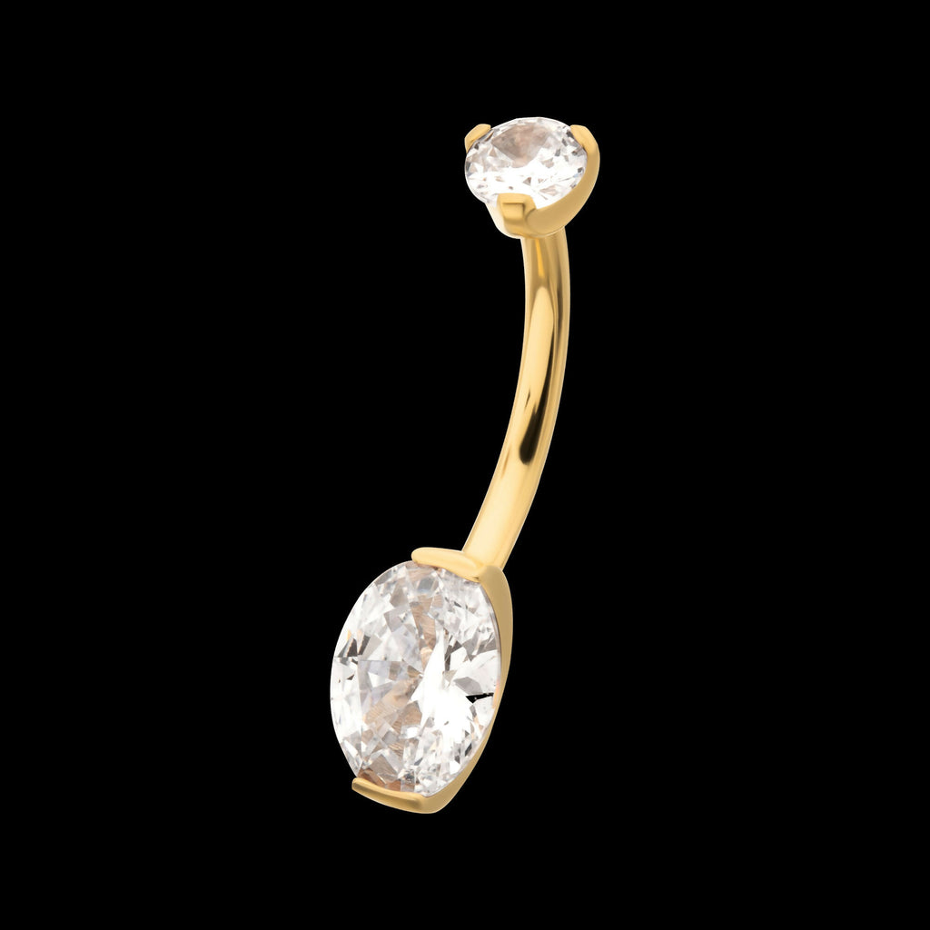 24Kt Gold PVD Titanium Internally Threaded Double Gem with Prong Set Oval Fixed Bottom Navel Earring / Nosering