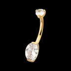 24Kt Gold PVD Titanium Internally Threaded Double Gem with Prong Set Oval Fixed Bottom Navel Earring / Nosering