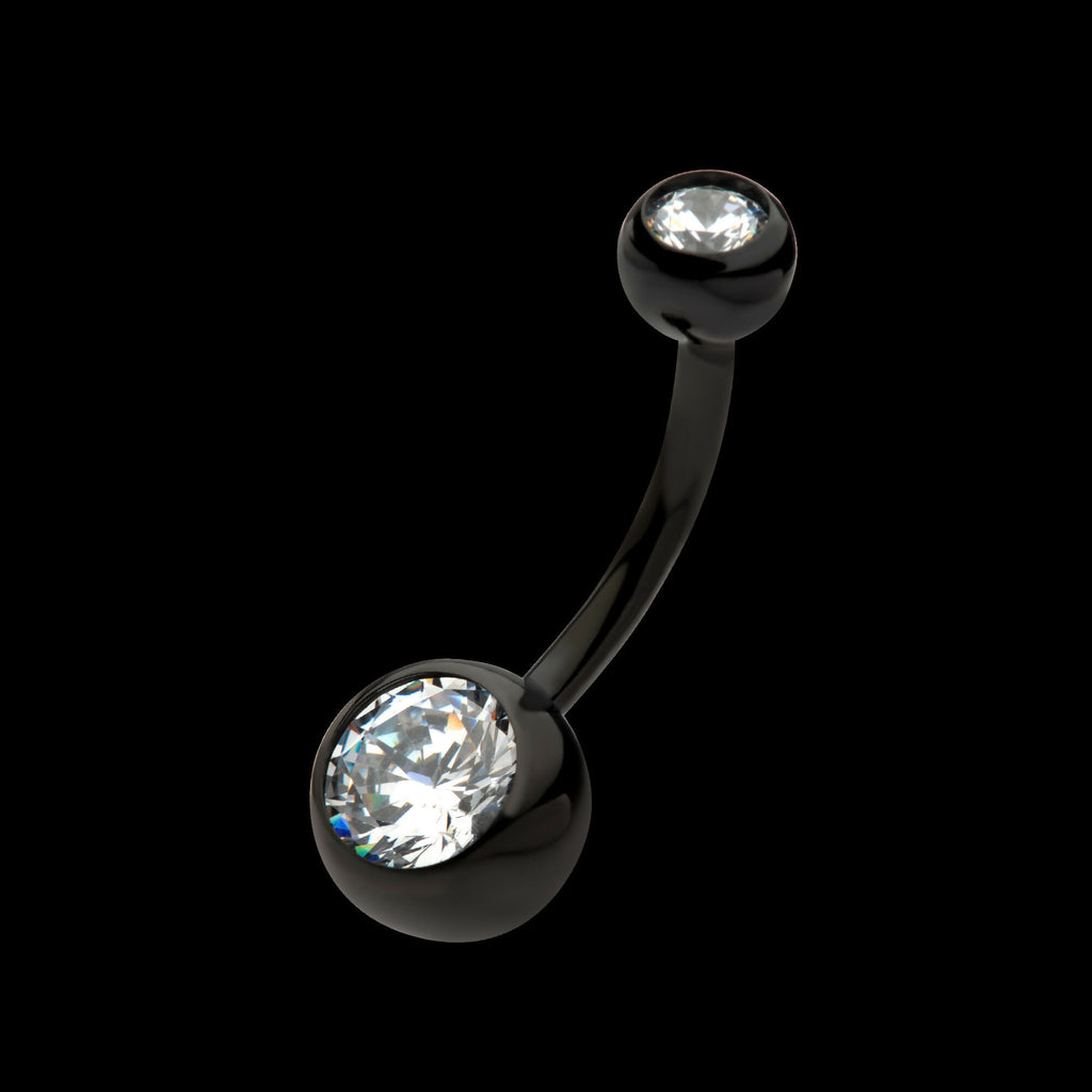 Black PVD Titanium Internally Threaded Bezel Set Double CZ Fixed Bottom Navel Ring Earring / Nosering