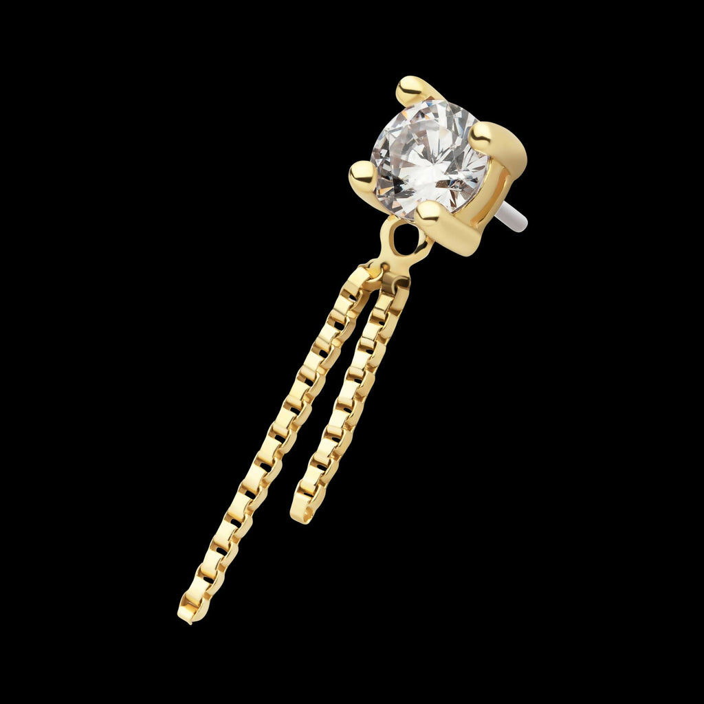 14Kt Gold Threadless Prong Set CZ Top with Dangle Double Box Chain