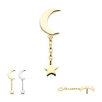 Crescent Moon with Dangle Chain & Star Flatback Stud Earring / Nosering - 14Kt Gold