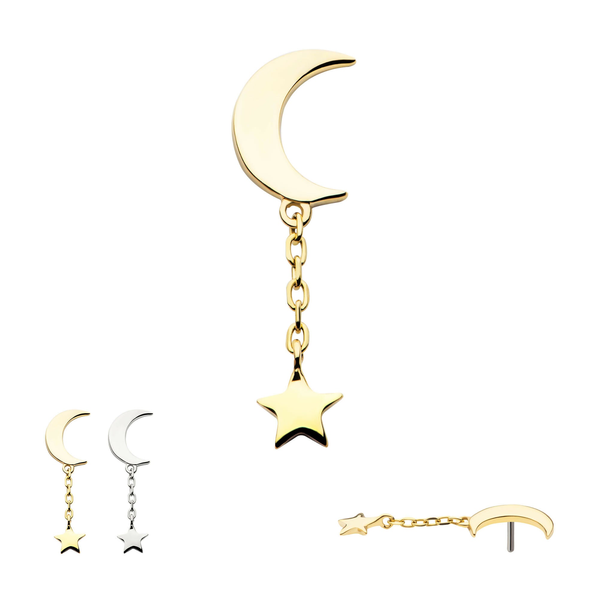 Crescent Moon with Dangle Chain & Star Flatback Stud Earring / Nosering - 14Kt Gold