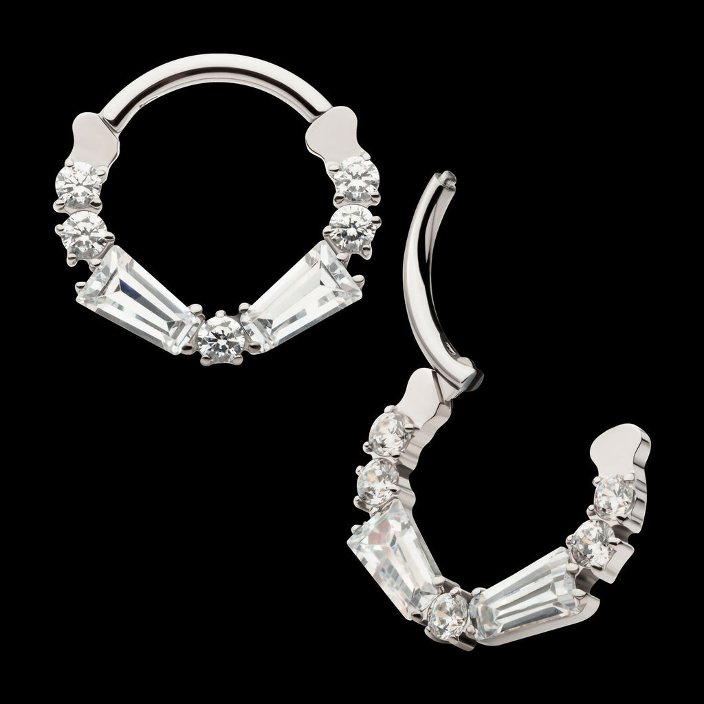 Clustered Prong Set Baguette & Round CZ Front Facing Hinged Segment Clicker Hoop Earring / Nosering – Titanium