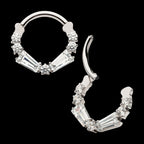 Clustered Prong Set Baguette & Round CZ Front Facing Hinged Segment Clicker Hoop Earring / Nosering – Titanium